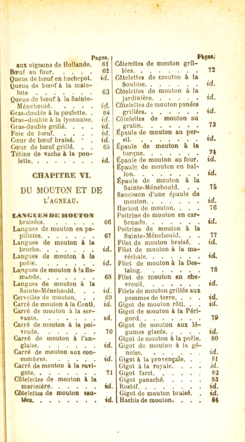 aux oignons de Hollande. 61 Bœuf au four 64 Queue de bœuf en hochepot, id. Queue de bœuf à la mate- lote 63 Queue do bœuf à la Sainte- Ménehould «5. Gras-double à la poulette. . 64 Gras-double à la lyonnaise, id. Gras-double grillé. . . . id. Foie de bœuf id. Cœur de bœuf braisé. * . id. Cœur de bœuf grillé. . . 66 Tétine de Tache à la pou- lette id. CHAPITRE VI. DU MOUTON ET DE i/agneaü. l.A>(ai:NUi: moiroT braisées 66 Langues de mouton en pa- pillotes. 67 Langues de mouton à la broche id. Langues de mouton à la poêle id. Langues de mouton à la fla- mande 68 Langues de mouton à la Sainte-Ménehould. . . id. Cervelles de mouton. . . 69 Carré de mouton à la Contl. id. Carré de mouton à la ser- vante td. Carré de mouton à la poi- vrade 70 Carré de mouton à l’an- glaise id. Carré de mouton aux con- combres id. Carré de mouton à la ravi- gote 71 Côtelettes de mouton A la marinière. ..... id. Côtelettes de mouton sau- tées id. Côterettes de mouton gril- lées 72 Côtelette* do mouton à la Soubise id. Côtelettes de mouton à la Côtelettes de mouton panées grillées id. Côtelettes de mouton au gratin 73 Épaule de mouton au per- sil id. Épaule de mouton à la turque 74 Épaule de mouton au four. id. Épaule de mouton en bal- lon id. Épaule de mouton à la Sainte-Ménehould. . , 75 Saucisson d’une épaule de mouton id. Haricot de mouton. ... 76 Poitrine de mouton en car- bonade id. Poitrine de mouton à la Sainte-Ménehould. . . 77 Filet de mouton braisé. . id. Filet de mouton à la ma- réchale. . . . . . . id. Filet de mouton à la Des- taing 78 Filet de mouton en che- vreuil id. Filets de mouton grillés aux pommes de terre. . . . id. Gigot de mouton rôti. . . id. Gigot de mouton à la Péri- gord T# Gigot de mouton aux lé- gumes glacés id. Gigot de mouton à la poêle. 80 Gigot de mouton à la gé- noise id. Gigot à la provençale. . 81 Gigot à la royale. ... id. Gigot farci 84 Gigot panaché 83 Rosbif id. Gigot de mouton braisé. . id. Hachis de mouton. ... 84