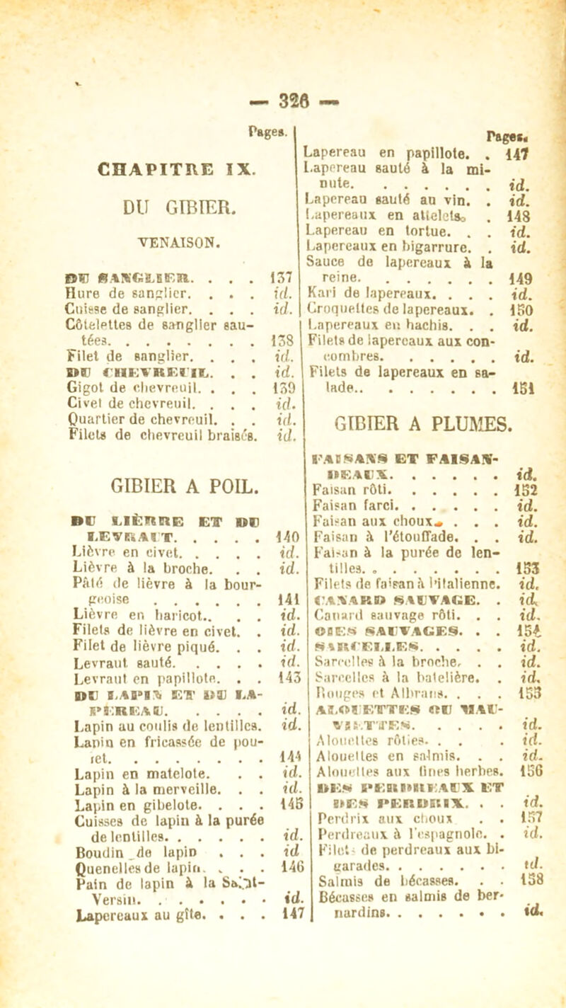 CHAPITRE IX. DU G TB 1ER. venaison. BU «ANGMEIl. Hure de sanglier. Cuisse de sanglier. Côtelettes de sanglier tées Filet de sanglier. BU CHIVREl'IL eau- Gigot de chevreuil. . . Civel de chevreuil. . . Quartier de chevreuil. . Filets de chevreuil braisés 137 fd. id. 138 id. id. 139 id. id. id. Page*. Lapereau en papillote. . 14? Lapereau sauté à la mi- nute id. Lapereau sauté au vin. . id. Lapereaux en atteletso . 148 Lapereau en tortue. . . id. Lapereaux en bigarrure. . id. Sauce de lapereaux à la reine. 149 Kari de lapereaux. . . . id. Croquettes de lapereaux. . 150 Lapereaux en hachis. . . id. Filets de lapereaux aux con- combres. ... id. Filets de lapereaux en sa- lade 151 GIBIER A PLUMES. GIBIER A POIL. BU lIÈUtBE ETT RS Kl LEVRAUT 140 Lièvre en civet id. Lièvre à la broche. . . id. Pâté de lièvre à la bour- geoise 141 Lièvre en haricot.. . . id. Filets de lièvre en civet. . id. Filet de lièvre piqué. . . id. Levraut sauté id. Levraut en papillote. . . 143 IDCI UABBIA El' s; a) i.a- PEREAB id. Lapin au coulis de lentilles, id. Lanin en fricassée de pou- let 144 Lapin en matelote. . . id. Lapin à la merveille. . . id. Lapin en gibelote. . . . 148 Cuisses de lapin à la purée de lentilles id. Boudin . do lapin ... id Quenelles de lapin. . . . 146 Pain de lapin à la SOI- Versin. id. Lapereaux au gîte. . . . 147 FABSAWS ET FAISAV- IIEAD\ id. Faisan rôti 152 Faisan farci id. Faisan aux choux* . . . id. Faisan à l’étouffade. . . id. Faisan à la purée de len- tilles 153 Filets de fairan â l’italienne, id. UA.VAK» SAUVAGE. . id. Canard sauvage rôti. . . id. ©SES SAUVAGES. . . 154. NARf'ElXES id. Sarcelles à la broche, . . id. Sarcelles à la batelière. . id. Bouges et Alhraus. . . . 153 ALOUETTES «U XÏAU- VR BOTTES id. Alouettes rôties. . . . id. Alouettes en satmis. . . id. Alouettes aux fines herbes. 156 BEW PEnimiAOX ET BES PERDRIX. . . id. Perdrix aux choux . . 157 Perdreaux à l’espagnole. . id. Filetf de perdreaux aux bi- garades td. Salmis de bécasses. . . 138 Bécasses en salmis de ber- nardin» id.