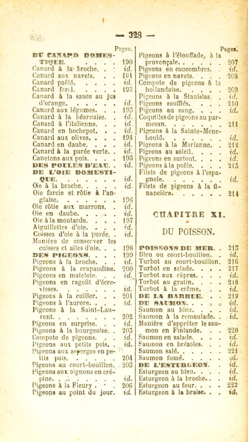 I — 328 — Pages. BSW «AXA®»® ROSÏIPS- TIÇCE 100 Canard à la- broche. . • id. Canard aux navets. . . 101 Canard poêlé id. Canard farci 102 Canard à la sauce au jus d’orange id. Canard aux légumes. . . 193 Canard à la béarnaise. . id. Canard à l’italienne. . . id. Canard en hochepot. . . id. Canard aux olives. . . . 194 Canard en daube. . . . id. Canard à la purée verte. . id. Canetons aux pois. . . . 195 MES POELES D’EAU. . id. DE L’OSE DOMESTI- QUE id. Oie à la broche id. Oie farcie et rôtie à l’an- glaise 190 Oie rôtie aux marrons. . id. Oie en daube id. Oie à la moutarde. . . . 197 Aiguillettes d’oie. . . . id. Crusses d’oie à la purée. . id. Manière de conserver les cuisses et ailes d’oie. . . 198 DES PIGEONS. ... 190 Pigeons à la broche. . . id. Pigeons à la crapaudine. 200 Pigeons en matelote. . . id. Pigeons en ragoût d’écre- visses id. Pigeons à la cuiller. . . 201 Pigeons à l’aurore. . . . id. Pigeons à la Saint-Lau- rent 202 Pigeons en surprise. . . id. Pigeons à la bourgeoise. . 203 Compote de pigeons. . . id. Pigeons aux petits pois. . id. Pigeons aux asperges en pe- tits pois 204 Pigeons au court-bouillon. 20S Pigeons aux oignons en cré- pine. . ^. id. Pigeons à la Fleury . • . 20G Pages.' Pigeons à l’étouffade, à la provençale. ..... 207 Pigeons én concombres. . id. Pigeons en navets. . . . 208 Compote de pigeonB è la hollandaise 2C9 Pigeons à la Stanislas. . id. Pigeons soufflés. . . , 210 Pigeons au sang. . . . id. Coqirillesde pigeons au par- mesan 211 Pigeons à la Sainle-Mene- hould id. Pigeons à la Marianne. . 212 Pigeons au soleil. . id. Pigeons en surtout. . . . id. Pigeons à la poêle. . . . 213 Filets de pigeons à l’espa- id. gnole Filets de pigeons à la fi- nancière. ..... 214 CHAPITRE XI. DU POISSON. POISSONS DE USER. . 213 bleu ou court-bouillon. . id. Turbot au court-bouillon. 2IG Turbot en salade. . . . 217 Turbot aux câpres. . . . id. Turbot au gratin. . - . 218 Turbot à la crème. . . id. DE LA DARDEE. . . 219 DE SAUMON. . . o o id. Saumon au bleu. . . . id. Saumon à la rémoulade. . id. Manière d’apprêter le sau- mon en Finlande. . . 220 Saumon en salade. . . . id. Saumon en brézoles. . . id. Saumon salé 221 Saumon fumé vd« DE L’ESTURGEON. . id. Esturgeon au bleu. . . . id. Esturgeon à la broche.. . id. Esturgeon au four. . . . 222