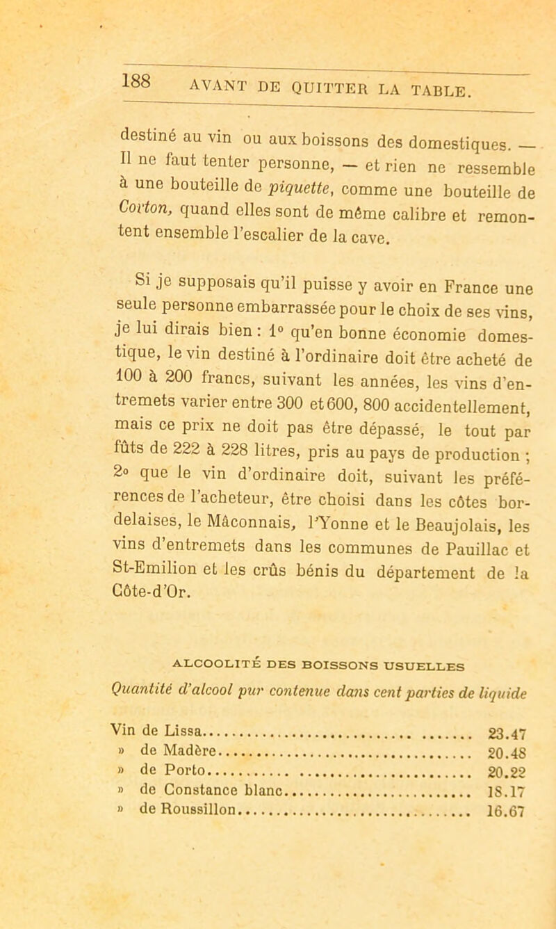 destiné au vin ou aux boissons des domestiques. — Il ne faut tenter personne, — et rien ne ressemble à une bouteille de piquette, comme une bouteille de Covton, quand elles sont de même calibre et remon- tent ensemble l’escalier de la cave. Si je supposais qu’il puisse y avoir en France une seule personne embarrassée pour le choix de ses \dns, je lui dirais bien : 1® qu’en bonne économie domes- tique, le vin destiné à l’ordinaire doit être acheté de 100 à 200 francs, suivant les années, les vins d’en- tremets varier entre 300 et 600, 800 accidentellement, mais ce prix ne doit pas être dépassé, le tout par fûts de 222 à 228 litres, pris au pays de production ; 2o que le vin d’ordinaire doit, suivant les préfé- rences de l’acheteur, être choisi dans les côtes bor- delaises, le Méconnais, l’Yonne et le Beaujolais, les vins d entremets dans les communes de Pauillac et St-Emilion et les crûs bénis du département de la Côte-d’Or. ALCOOLITÉ DES BOISSONS USUELLES Quantité d’alcool pur contenue dans cent parties de liquide Vin de Lissa 23.47 » de Madère 20.48 » de Porto 20.22 » de Constance blanc 18.17 » de Roussillon 16.67