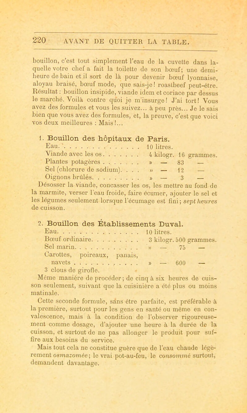 bouillon, c’est tout simplement Teau de la cuvette dans la- quelle votre chef a fait la toilette de son bœuf; une demi- heure de bain et il sort de là pour devenir bœuf lyonnaise, aloyau braisé, bœuf mode, que sais-je! roaslbeef peut-être. Résultat ; bouillon insipide, viande idem et coriace par dessus le marché. Voilà contre quoi je m'insurge! J’ai tort! Vous avez des formules et vous les suivez... à peu près... Je le sais bien que vous avez des formules, et, la preuve, c’est que voici vos deux meilleures : Mais!... 1. Bouillon des hôpitaux de Paris. Eau. ' 10 litres. Viande avec les os 4 kilogr. 16 grammes. Plantes potagères » — 83 — Sel (chlorure de sodium). ... » — 12 — Oignons brûlés » — 3 — Désosser la viande, concasser les os, les mettre au fond de la marmite, verser Teau froide, faire écumer, ajouter le sel et les légumes seulement lorsque Técumage est fini; sept heures de cuisson. 2. Bouillon des Établissements Duval. Eau 10 litres. Bœuf ordinaire 3 kilogr. 500 grammes. Sel marin » — 75 — Carottes, poireaux, panais, navets » — 600 — 3 clous de girofle. Même manière de procéder; de cinq à six heures de cuis- son seulement, suivant que la cuisinière a été plus ou moins matinale. Cette seconde formule, sans être parfaite, est préférable à la première, surtout pour les gens en santé ou même en con- valescence, mais à la condition de l'observer rigoureuse- ment comme dosage, d’ajouter une heure à la durée de la cuisson, et surtout de ne pas allonger le produit pour suf- fire aux besoins du service. Mais tout cela ne constitue guère que de Teau chaude légè- rement osmazomée ; le vrai pot-au-feu, le consoimné surtout, demandent davantage.