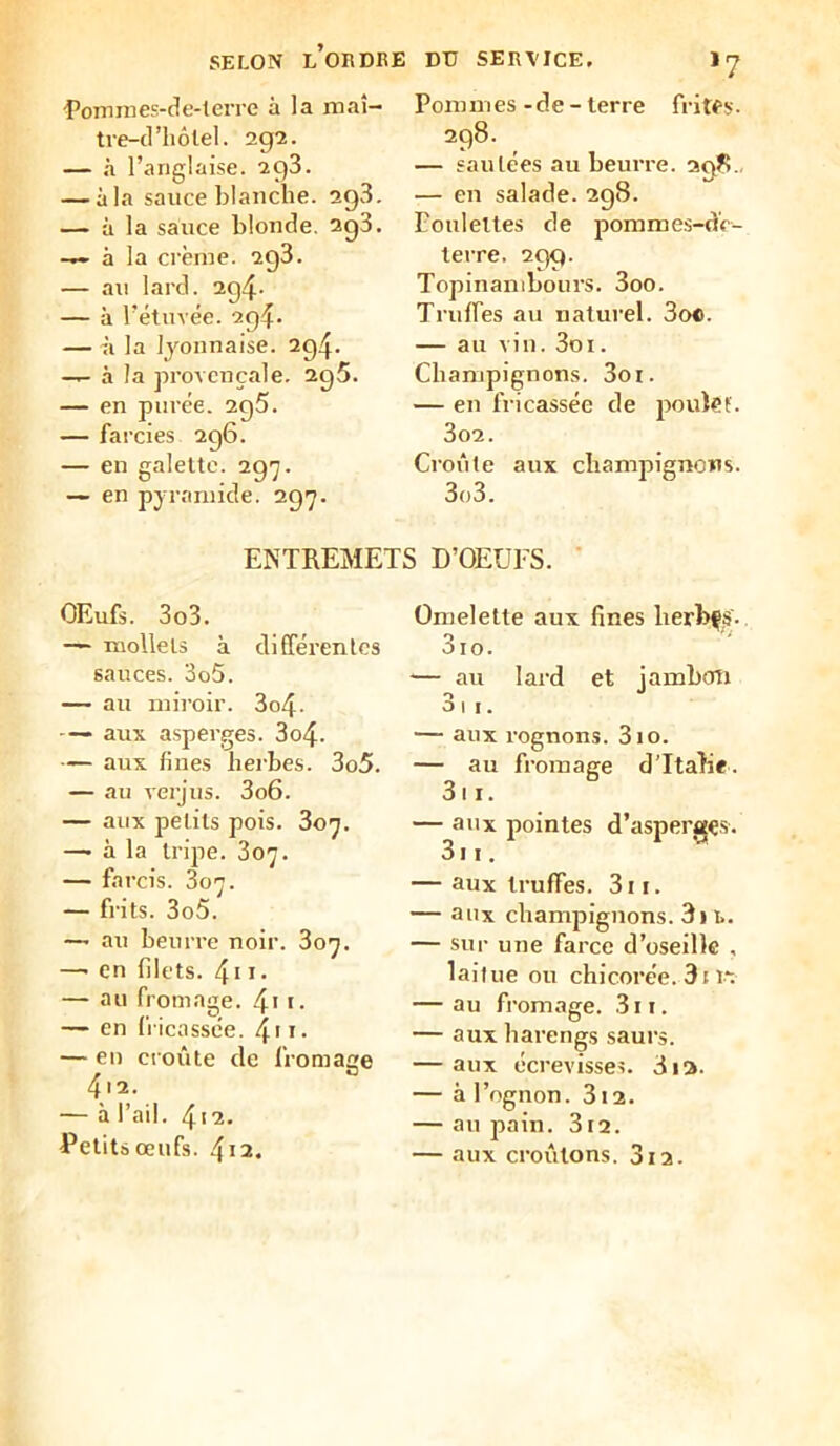 SELON l’ordre •Pommes-de-teiTC à la maî- tre-d'hôtel. 292. — à l’anglaise. 298. — à la sauce blanche. 293, — à la sauce blonde. 298. — à la crème. 298. — au lard. 2g4- — à rétuvée. 294. — à la lyonnaise. 294. -T- à la provençale. 2g5. — en pnree. 295. — farcies 296. — en galette. 297. — en pyramide. 297. DU SERVICE. Pommes -de - terre frites- 298. — saulees au beurre. 298., — en salade. 298. Poulettes de porames-d'c- terre, 299. Topinambours. 3oo. Truffes au nalui’el. 3o«. — au vin. 3oi. Champignons. Soi. — en fricassée de pouief. 302. Croûte aux chamjiignons. 303. ENTREMETS D’OEUES. * OEufs. 3o3. — mollets à différentes sauces. 3o5. — au miroir. 3o4- - aux asperges. 3o4- — aux fines herbes. 3o5. — au verjus. 3o6. — aux petits pois. 307. —• à la tripe. 807. — farcis. 807. — frits. 3o5. —- au beurre noir. 807. —■ en filets. 4i i* — au fromage. 4^ •• — en fricassée. 4' i- — en cioûte de fromae 4.2. — à l’ail. 4i2. Petits œufs. 412. Omelette aux fines lierbfs. O ' * 010. ■— au lard et jambon 31 I. — aux rognons. 310. — au fromage dTtaîie. 3ii. — aux pointes d’asperges. 3i I. — aux truffes. 3i i. — aux champignons. 3i 1.. — sur une farce d’oseille , laitue ou chicorée. 311“. — au fromage. 3ii. — aux harengs saurs. — aux écrevisses. 3ia. — à l’ognon. 312. — au pain. 312. — aux croûtons. 312.