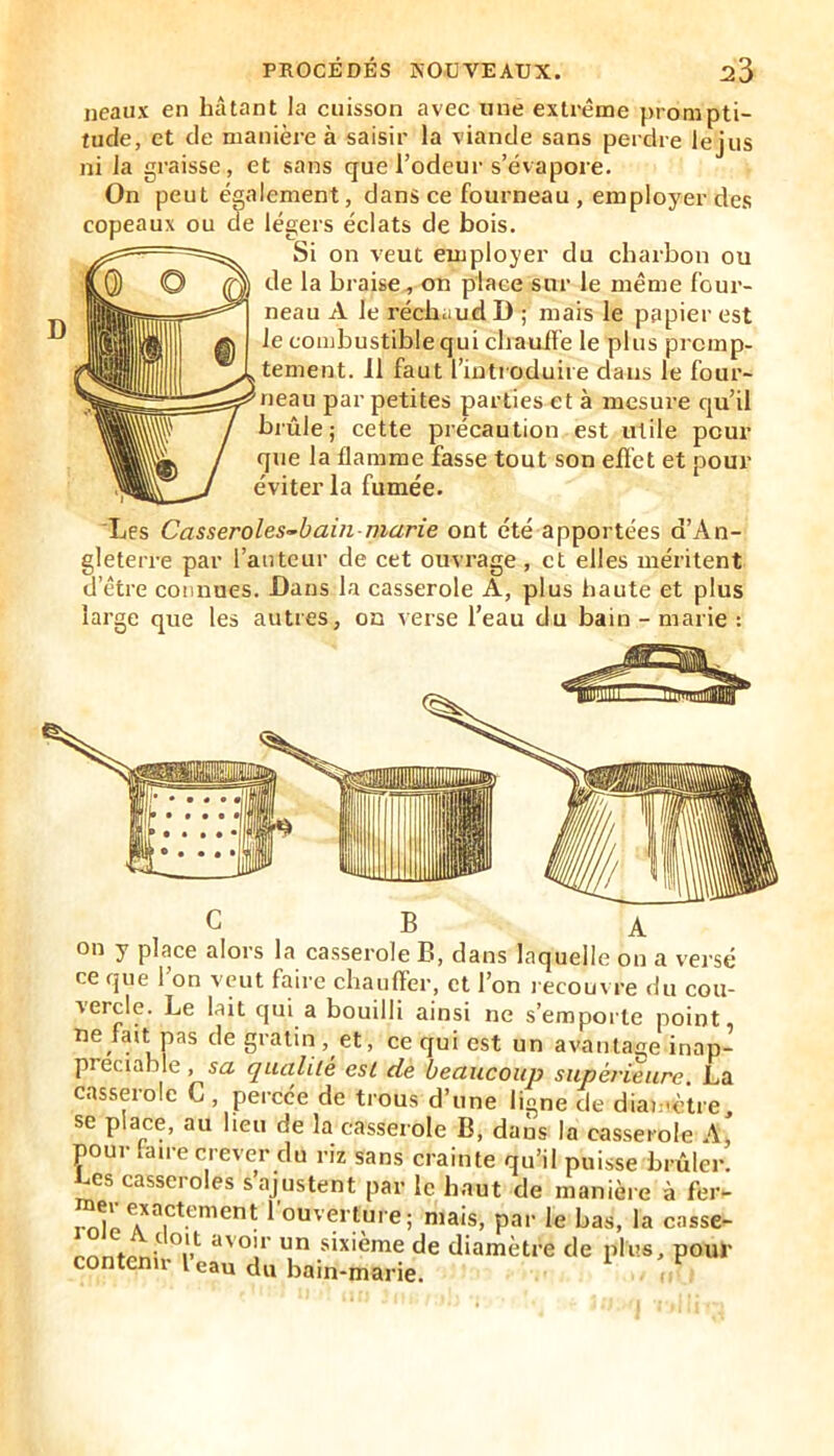 iieaux en hâtant la cuisson avec une extrême prompti- tude, et de manière à saisir la viande sans perdre lejiis ni la graisse, et sans que l’odeur s’évapore. On peut également, dans ce fourneau , employer des copeaux ou de légers éclats de bois. Si on veut employer du charbon ou de la braise, on place sur le même four- neau A le réchaud D ; mais le papier est le combustible qui chauife le plus promp- tement. Il faut l’introduire dans le four- neau par petites parties et à mesure qu’il brûle; cette précaution est utile pour que la flamme fasse tout son efi’et et pour éviter la fumée. Les Casseroles-’bain-marie ont été apportées d’An- gleterre par l’auteur de cet ouvrage , et elles méritent d’être connues. Dans la casserole A, plus haute et plus large que les autres, on verse l’eau du bain - marie : C B A on y place alors la casserole B, dans laquelle on a vei'sé ce que l’on veut faire chauffer, et l’on l ecouvre du cou- xercle. Le lait qui a bouilli ainsi ne s’emporte point, ne fait pas de gratin, et, ce qui est un avanta£re inap- préciable , sa qualité est de beaucoup supérieure. La casserole C, percée de trous d’une ligne de diamètre, se place, au lieu de la casserole B, dans la casserole A, pour taire crever du riz sans crainte qu’il puisse brûler. Les casseroles s ajustent par le Imut de manière à fer- roT ^ ouverture; mais, par le bas, la casse- sixième de diamètre de plus, pour contenir l eau du bain-marie.