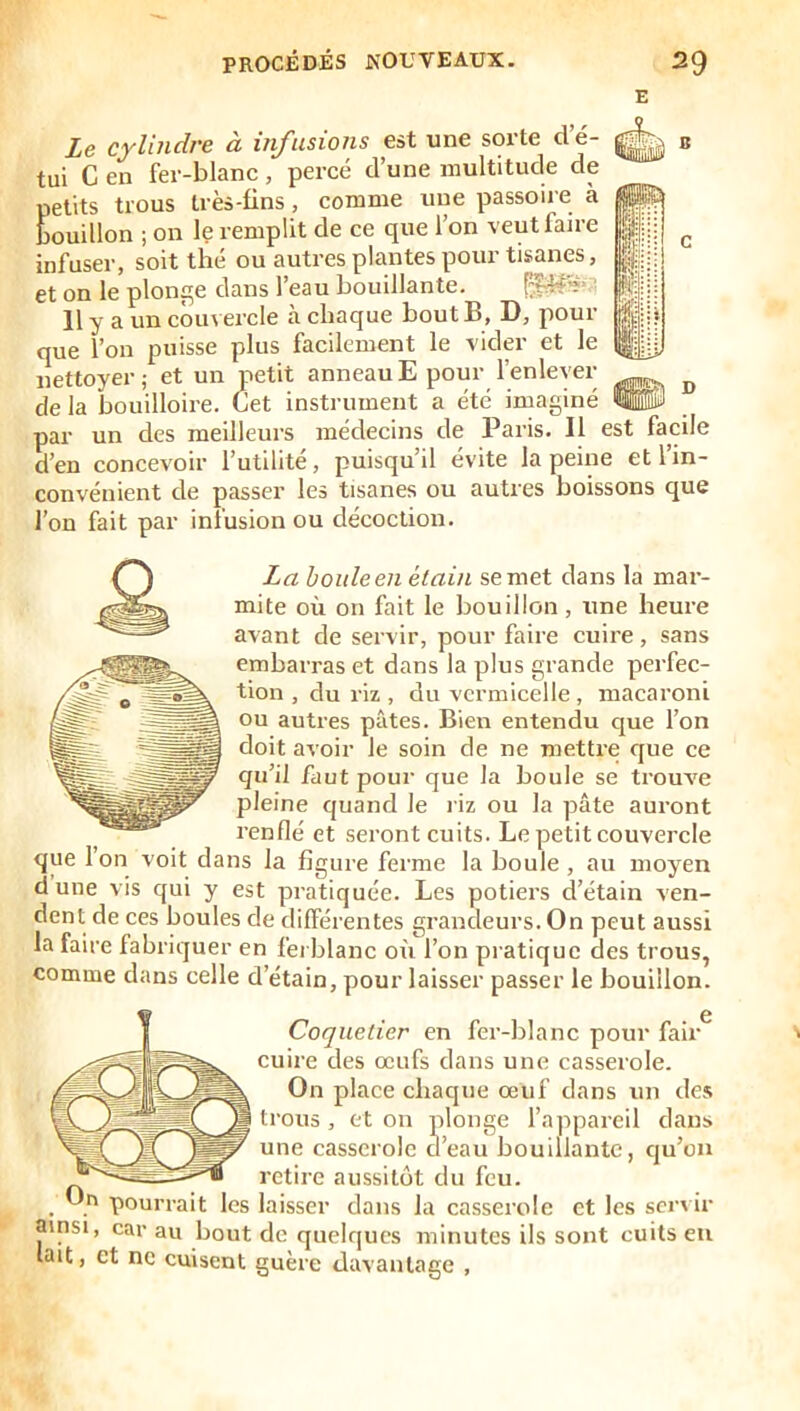 Le cylindre à infusions est une sorte d e- tui C en fer-blanc , percé d’une multitude de petits trous très-fins, comme une passoire à bouillon ; on le remplit de ce que l’on veut faire infuser, soit thé ou autres plantes pour tisanes, et on le plonge dans l’eau bouillante. El#’ ' 11 y a un couvercle à chaque bout B, D, pour que l’on puisse plus facilement le vider et le nettoyer; et un petit anneauE pour l’enlever de la bouilloire. Cet instrument a été imaginé par un des meilleurs médecins de Paris. Il est facile d’en concevoir l’utilité, puisqu’il évite la peine et l’in- convénient de passer les tisanes ou autres boissons que l’on fait par infusion ou décoction. La houleen étain se met dans la mar- mite où on fait le bouillon, une heure avant de servir, pour faire cuire, sans embarras et dans la plus grande perfec- tion , du riz , du vermicelle , macaroni ou autres pâtes. Bien entendu que l’on doit avoir le soin de ne mettre que ce qu’il faut pour que la boule se trouve pleine quand le riz ou la pâte auront renflé et seront cuits. Le petit couvercle que Ion voit clans la figure ferme la boule, au moyen dune vis qui y est pratiquée. Les potiers d’étain ven- dent de ces boules de différentes grandeurs. On peut aussi la faire fabricjuer en ferblanc oii l’on pratique des trous, comme dans celle d’étain, pour laisser passer le bouillon. C Coquetier en fer-blanc pour fair cuire des œufs dans une casserole. On place chaque œuf dans un des trous , et on plonge l’appareil dans une casserole cl’eau bouillante, qu’on retire aussitôt du feu. On pourrait les laisser dans la casserole et les servir ainsi, car au bout de quelques minutes ils sont cuits eu lait, et ne cuisent guère davantage ,