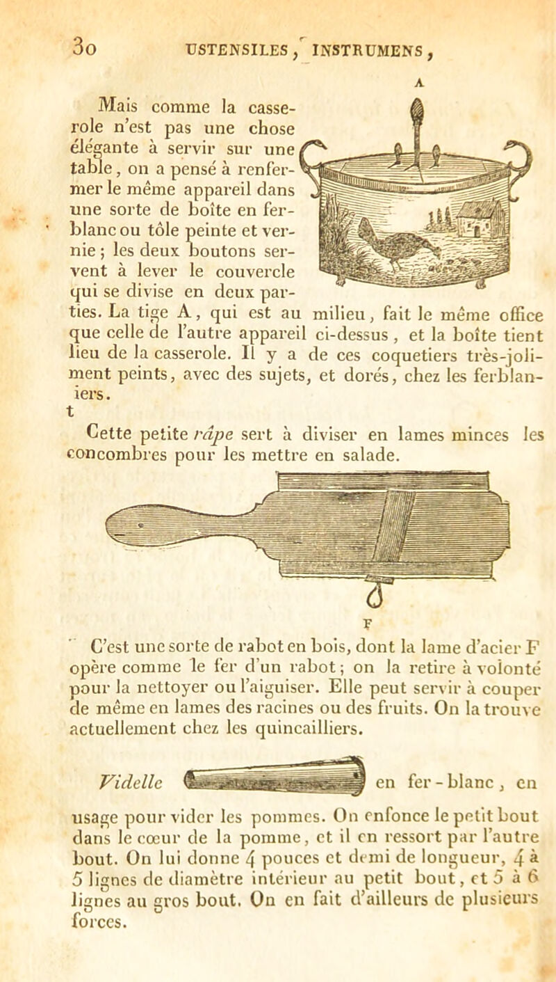 A Mais comme la casse- role n’est pas une chose élégante à servir sur une table, on a pensé à renfer- mer le même appareil dans une sorte de boîte en fer- blanc ou tôle peinte et ver- nie ; les deux boutons ser- vent à lever le couvercle i|ui se divise en deux par- ties. La tige A, qui est au milieu, fait le même office que celle de l’autre appareil ci-dessus , et la boîte tient lieu de la casserole. Il y a de ces coquetiers très-joli- ment peints, avec des sujets, et dorés, chez les ferblan- iers. t Cette petite râpe sert à diviser en lames minces les concombres pour les mettre en salade. 6 F C’est une sorte de rabot en bois, dont la lame d’acier F opère comme le fer d’un rabot ; on la retire à volonté pour la nettoyer ou l’aiguiser. Elle peut servir à couper de même en lames des racines ou des fruits. On la trouve actuellement chez les quincailliers. Videllc en fer - blanc , en usage pour vider les pommes. On enfonce le petit bout dans le cœur de la pomme, et il on ressort par l’autre bout. On lui donne 4 pouces et demi de longueur, 4 à 5 lignes de diamètre intérieur au petit bout, et 5 à (> lignes au gros bout. On en fait d’ailleurs de plusieurs foices.