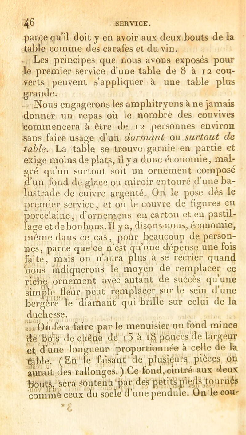 paRçe qu’il doit y en avoir aux deux bouts de la table comme des carafes et du vin. - Les principes que nous avons exposés pour le premier service d’une table de 8 à 12 cou- verts peuvent s’appliquer à une table plus engagerons les amphitryons à ne jamais donner un repas où le nombre des convives commencera à être de 12 personnes environ sans faire usage d’un dormant ou surtout de table. La table se trouve garnie en partie et exige moins de plats, il y a donc économie, mal- gré qu’un surtout soit un ornement composé jd’un fond de glace ou miroir entouré d’une ba- lustrade de cuivre argenté. On le pose dès le premier service, et on le couvre de figures en porcelaine, d’orneniens en carton et en pastil- lage et de bonbons. Il y a, disons-nous, économie, même dans ce cas, pour beaucoup de person- nes, parce que ce n’est qu’une dépense une fois faite, mais on n’aura plus à se récrier quand nous indiquerons le moyen de remplacer ce ricîie ornement avec autant de succès qu’une simple,fleur peut remplacer sur le sein d’une bergere le diamant qui brille sur celui de la duchesse. , aliiOii fera faire par le menuisier un fcmd mince de bbli? de chêne dé i 5 h pouces de largeur et d’une longueur proportionnée à celle de la ^ble. (En le faisant de plu'sj.eurs^ pièces on aurait des rallonges.) Ce fond,cintré aux deux bouts, sera Soutenu jiar de?'pétit|^'liie^s tournés com'mè ceux du socle d’une pendule. On le cou- grande. Nous