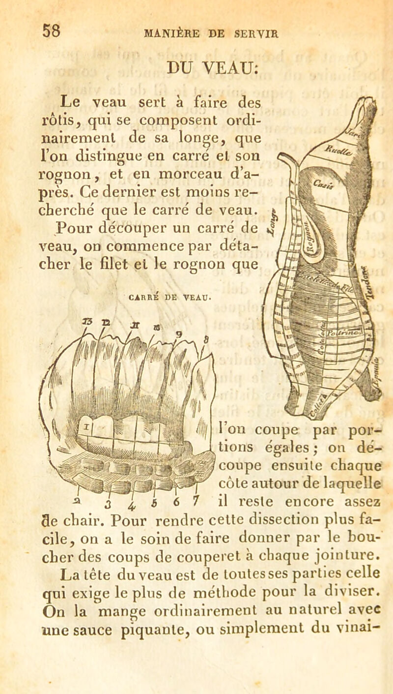 DU VEAU; Le veau sert à faire des rôtis, qui se composent ordi- nairement de sa longe, que l’on distingue en carré et son rognon, et en morceau d’a- près. Ce dernier est moins re- cherché que le carré de veau. Pour découper un carré de veau, on commence par déta- cher le filet et le rognon que l’on coupe par por- tions égales ; on dé- coupe ensuite chaque côte autour de laquelle ^ 4, 5 O / il reste encore assez de chair. Pour rendre cette dissection plus fa- cile, on a le soin de faire donner par le bou- cher des coups de couperet à chaque jointure. La tête du veau est de toutes ses parties celle qui exige le plus de méthode pour la diviser. On la mange ordinairement au naturel avec une sauce piquante, ou simplement du vinai- CARRÉ DE VEAU.