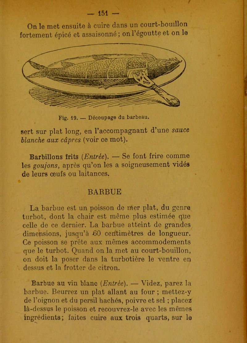 On le met ensuite à cuire dans un court-bouillon fortement épicé et assaisonné ; on l’égoutte et on le sert sur plat long, en l’accompagnant d’une sauce blanche aux câpres (voir ce mot). Barbillons îrits {Entrée). — Se font frire comme les goujons, après qu’on les a soigneusement vidés de leurs œufs ou laitances. BARBUE La barbue est un poisson de mer plat, du genre turbot, dont la chair est meme plus estimée que celle de ce dernier. La barbue atteint de grandes dimensions, jusqu’à 60 ceritimètres de longueur. Ce poisson se prête aux mêmes accommodements que le turbot. Quand on la met au court-bouillon, on doit la poser dans la turbotière le ventre en dessus et la frotter de citron. Barbue au vin blanc [Entrée). — Videz, parez la barbue. Beurrez un plat allant au four ; mettez-y de l’oignon et du persil hachés, poivre et sel ; placez là-dessus le poisson et recouvrez-le avec les mêmes ingrédients ; faites cuire aux trois quarts, sur le