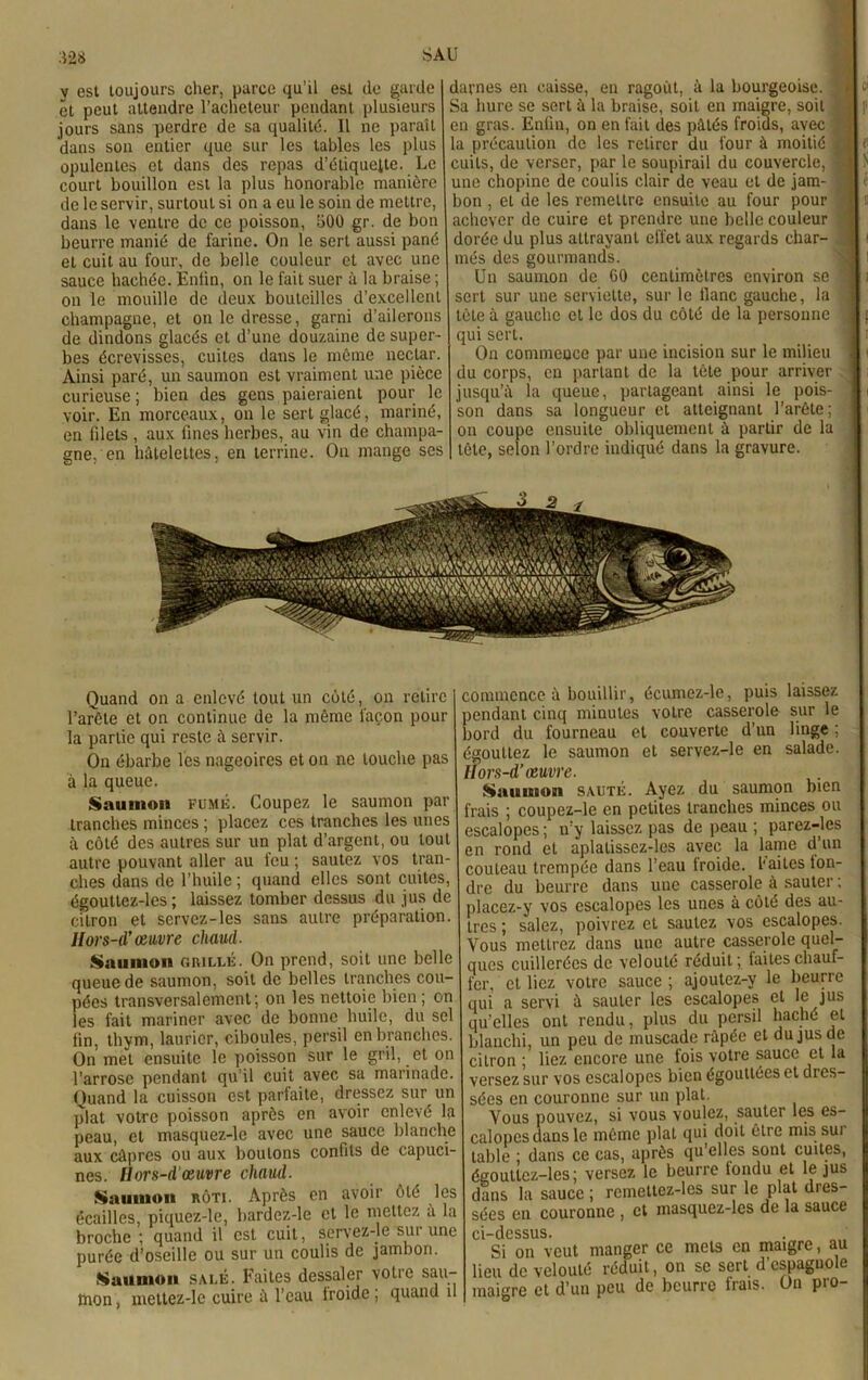 m v est toujours cher, parce qu’il est (le garde et peut attendre l’acheteur pendant plusieurs jours sans perdre de sa qualité. Il ne paraît dans son entier que sur les tables les plus opulentes et dans des repas d’étiquelte. Le court bouillon est la plus honorable manière de le servir, surtout si on a eu le soin de mettre, dans le ventre de ce poisson, 300 gr. de bon beurre manié de farine. On le sert aussi pané et cuit au four, de belle couleur et avec une sauce hachée. Enfin, on le fait suer à la braise ; on le mouille de deux bouteilles d’excellent champagne, et on le dresse, garni d’ailerons de dindons glacés et d’une douzaine de super- bes écrevisses, cuites dans le même nectar. Ainsi paré, un saumon est vraiment une pièce curieuse ; bien des gens paieraient pour le voir. En morceaux, ou le sert glacé, mariné, en filets, aux fines herbes, au vin de champa- gne, en hûlelettes, en terrine. On mange ses darnes en caisse, en ragoût, à la bourgeoise. | Sa hure se sert à la braise, soit en maigre, soit en gras. Enfin, on en fait des pâtés froids, avec ■ la précaution de les retirer du four à moitié £ cuits, de verser, par le soupirail du couvercle, 1 une chopinc de coulis clair de veau et de jam- bon , et de les remettre ensuite au four pour achever de cuire et prendre une belle couleur dorée du plus attrayant effet aux regards char- més des gourmands. Un saumon de 00 centimètres environ se sert sur une serviette, sur le liane gauche, la , tète à gauche et le dos du côté de la personne I ï qui sert. On commence par une incision sur le milieu a < du corps, en partant de la tête pour arriver jusqu’à la queue, partageant ainsi le pois- |i son dans sa longueur et atteignant l’arête; on coupe ensuite obliquement à partir de la tête, selon l’ordre indiqué dans la gravure. Quand on a enlevé tout un côté, on retire barète et on continue de la même façon pour la partie qui reste à servir. On ébarbe les nageoires et on ne louche pas à la queue. Saumon fumé. Coupez le saumon par tranches minces ; placez ces tranches les unes à côté des autres sur un plat d’argent, ou tout autre pouvant aller au feu ; sautez vos tran- ches dans de l’huile ; quand elles sont cuites, égouttez-les ; laissez tomber dessus du jus de citron et servez-les sans autre préparation. llors-d’œuvre chaud. Saumon orillé. On prend, soit une belle queue de saumon, soit de belles tranches cou- pées transversalement ; on les nettoie bien ; on les fait mariner avec de bonne huile, du sel fin, thym, laurier, ciboules, persil en branches. On met ensuite le poisson sur le gril, et on l’arrose pendant qu’il cuit avec sa marinade. Quand la cuisson est parfaite, dressez sur un plat votre poisson après en avoir enlevé la peau, et masquez-le avec une sauce blanche aux câpres ou aux boulons confits de capuci- nes. Hors-d’œuvre chaud. Saumon rôti. Après en avoir ôté les écailles, piquez-le, bardez-le et le mettez a la broche; quand il est cuit, scrvez-le sur une purée d’oseille ou sur un coulis de jambon. Saumon salé. Faites dessaler votre sau- mon mettez-le cuire à l’eau lroide ; quand i commence à bouillir, écumez-le, puis laissez rendant cinq minutes votre casserole sur le jord du fourneau et couverte d’un linge ; égouttez le saumon et servez-le en salade. Ilors-d’œuvre. Saumon sauté. Ayez du saumon bien frais ; coupez-le en petites tranches minces ou escalopes ; n’y laissez pas de peau ; parez-les en rond et aplalissez-les avec la lame d’un couteau trempée dans l’eau froide. Faites ton- dre du beurre dans uue casserole à sauter ; placez-y vos escalopes les unes à côté des au- tres ; salez, poivrez et sautez vos escalopes. Vous mettrez dans une autre casserole quel- ques cuillerées de velouté réduit; faites chauf- fer, et liez votre sauce ; ajoutez-y le beurre qui a servi à sauter les escalopes et le jus qu'elles ont rendu, plus du persil haché et blanchi, un peu de muscade râpée et du jus de citron ; liez encore une fois votre sauce et la versez sur vos escalopes bien égouttées et dres- sées en couronne sur un plat. Vous pouvez, si vous voulez, sauter les es- calopes dans le même plat qui doit être mis sui table ; dans ce cas, après qu’elles sont cuites, égouttez-les; versez le beurre londu et le jus dans la sauce ; remettez-les sur le plat dres- sées eu couronne , et masquez-les de la sauce ci-dessus. Si on veut manger ce mets en maigre, au lieu de velouté réduit, on se sert d’espagnole maigre et d’un peu de beurre frais. Un pro-