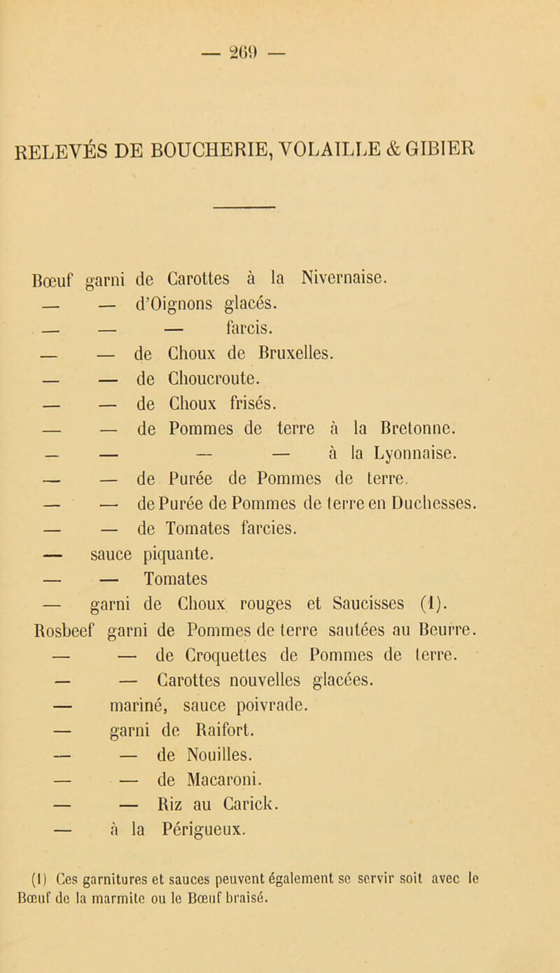 RELEVÉS DE BOUCHERIE, VOLAILLE & GIBIER Bœuf garni de Carottes à la Nivernaise. — — d’Oignons glacés. — — — farcis. — — de Choux de Bruxelles. — — de Choucroute. — — de Choux frisés. — — de Pommes de terre h la Bretonne. — — — — à la Lyonnaise. — — de Purée de Pommes de terre. — — de Purée de Pommes de terre en Duchesses. — — de Tomates farcies. — sauce piquante. — — Tomates — garni de Choux rouges et Saucisses (I). Bosbeef garni de Pommes de terre sautées au Beurre. — — de Croquettes de Pommes de terre. — — Carottes nouvelles glacées. — mariné, sauce poivrade. — garni de Raifort. — — de Nouilles. — — de Macaroni. — — Riz au Carick. — à la Périgueux. (1) Ces garnitures et sauces peuvent également se servir soit avec le Bœuf de la marmite ou le Bœuf braisé.