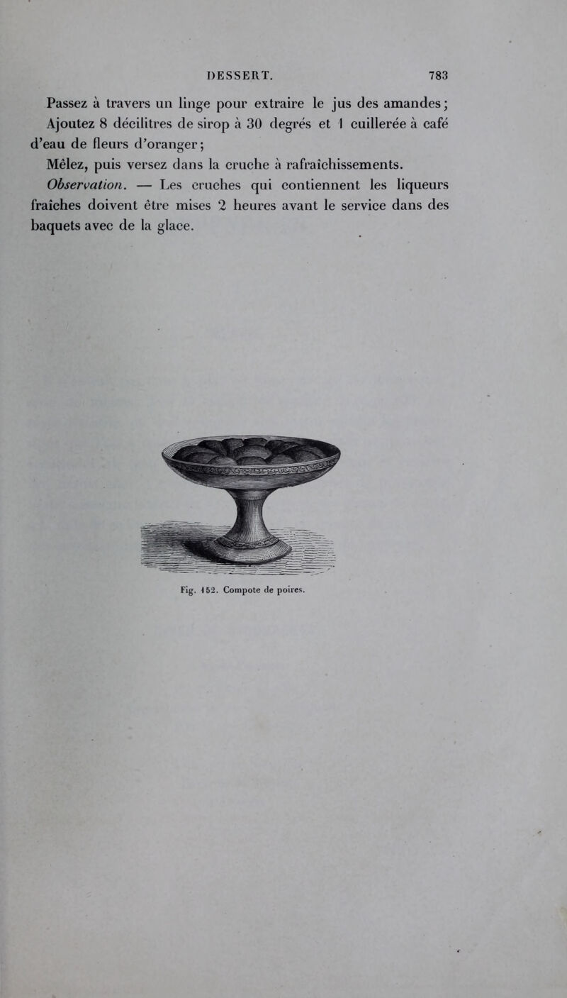Passez à travers un linge pour extraire le jus des amandes; Ajoutez 8 décilitres de sirop à 30 degrés et I cuillerée à café d’eau de fleurs d’oranger; Mêlez, puis versez dans la cruche à rafraîchissements. Observation. — Les cruches qui contiennent les liqueurs fraîches doivent être mises 2 heures avant le service dans des baquets avec de la glace. Fig. 152. Compote de poires.