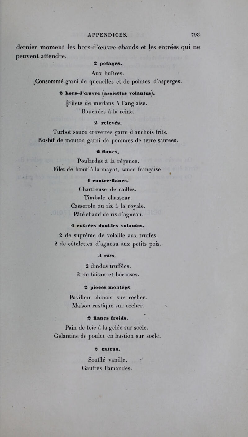 dernier moment les hors-d’œuvre chauds et les entrées qui ne peuvent attendre. 2 potages. Aux huîtres. ^Consommé garni de quenelles et de pointes d’asperges. 2 hors-d'œuvre (assiettes volantes). [Filets de merlans à l’anglaise. Bouchées à la reine. 2 relevés. Turbot sauce crevettes garni d’anchois frits. Rosbif de mouton garni de pommes de terre sautées. 2 flancs. Poulardes à la régence. Filet de bœuf à la mayot, sauce française. 4 contre-flancs. Chartreuse de cailles. Timbale chasseur. Casserole au riz à la royale. Pâté chaud de ris d’agneau. 4 entrées doubles volantes. 2 de suprême de volaille aux truffes. 2 de côtelettes d’agneau aux petits pois. 4 rôts. 2 dindes truffées. 2 de faisan et bécasses. 2 pièces montées. Pavillon chinois sur rocher. Maison rustique sur rocher. ' 2 flancs froids. Pain de foie à la gelée sur socle. Galantine de poulet en bastion sur socle. 2 extras. Soufflé vanille. Gaufres flamandes.