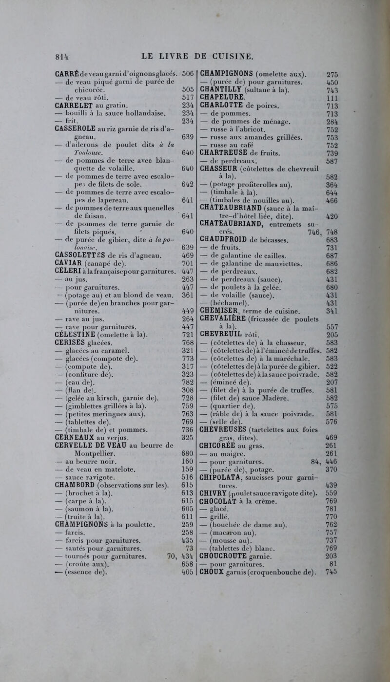 CARRÉ de veau garni d’oignons glacés. — de veau piqué garni de purée de chicorée. — de veau rôti. CARRELET au gratin. — bouilli à la sauce hollandaise. — frit. CASSEROLE au riz garnie de ris d’a- gneau. — d’ailerons de poulet dits à la Toulouse. — de pommes de terre avec blan- quette de volaille. — de pommes de terre avec escalo- pe; de filets de sole. — de pommes de terre avec escalo- pes de lapereau. — de pommes de terreaux quenelles de faisan. — de pommes de terre garnie de filets piqués. — de purée de gibier, dite à la po- lonaise. CASSOLETTES de ris d’agneau. CAVIAR (canapé de). CELERI à la françaisepour garnitures. — au jus. — pour garnitures. — (potage au) et au blond de veau. — (purée de) en branches pour gar- nitures. — rave au jus. — rave pour garnitures. CÉLESTINE (omelette à la). CERISES glacées. — glacées au caramel. — glacées (compote de). — (compote de). — (confiture de). — (eau de). — (flan de). — (gelée au kirsch, garnie de). — (gimblettes grillées à la). — (petites meringues aux). — (tablettes de). — (timbale de) et pommes. CERNEAUX au verjus. CERVELLE DE VEAU au beurre de Montpellier. — au beurre noir. — de veau en matelote. — sauce ravigote. CHAMBORD (observations sur les). — (brochet à la). — (carpe à la). — (saumon à la). — (truite à la). CHAMPIGNONS à la poulette. — farcis. — farcis pour garnitures. — sautés pour garnitures. — tournés pour garnitures. 70, — (croûte aux). — (essence de). CHAMPIGNONS (omelette aux). 275 — (purée de) pour garnitures. 450 CHANTILLY (sultane à la). 743 CHAPELURE. m CHARLOTTE de poires. 713 — de pommes. 713 — de pommes de ménage. 284 — russe à l'abricot. 752 — russe aux amandes grillées. 753 — russe au café 752 CHARTREUSE de fruits. 739 — de perdreaux. 587 CHASSEUR (côtelettes de chevreuil à la). 582 — (potage prouterolles au). 364 — (timbale à la). 644 — (timbales de nouilles au). 466 CHATEAUBRIAND (sauce à la maî- tre-d’hôtel liée, dite). 420 CHATEAUBRIAND, entremets su- crés. 746, 748 C9AUDFR0ID de bécasses. 683 — de fruits. 731 — de galantine de cailles. 687 — de galantine de mauviettes. 686 — de perdreaux. 682 — de perdreaux (sauce). 431 — de poulets à la gelée. 680 — de volaille (sauce). 431 — (béchamel). 431 CHEMISER, terme de cuisine. 341 CHEVALIÈRE (fricassée de poulets 4 la). 557 CHEVREUIL rôti. 205 — (côtelettes de) à la chasseur. 583 — (côtelettesde)àl’émincédetruffes. 582 — (côtelettes de) à la maréchale. 583 — (côtelettes de) à la purée de gibier. 522 — (côtelettes de) à la sauce poivrade. 582 — (émincé de). 207 — (filet de) à la purée de truffes. 581 — (filet de) sauce Madère. 582 — (quartier de). 575 — (râble de) à la sauce poivrade. 581 — (selle de). 576 CHEVREUSES (tartelettes aux foies gras, dites). 469 CHICORÉE au gras. 261 — au maigre. 261 — pour garnitures. 84, 446 — (purée de), potage. 370 CHIPOLATA, saucisses pour garni- tures. 439 CHIVRY (poulet sauce ravigote dite). 559 CHOCOLAT à la crème. 769 — glacé. 781 — grillé. 770 — (bouchée de dame au). 762 — (macaron au). 757 — (mousse au). 737 — (tablettes de) blanc. 769 CHOUCROUTE garnie. 203 — pour garnitures. 81 CHOUX garnis(croquenbouche de). 745 506 505 517 234 234 234 639 640 640 642 641 641 640 639 469 701 447 263 447 361 449 264 447 721 768 321 773 317 323 782 308 728 759 763 769 736 325 680 160 159 516 615 613 615 605 611 259 258 435 73 434 658 405