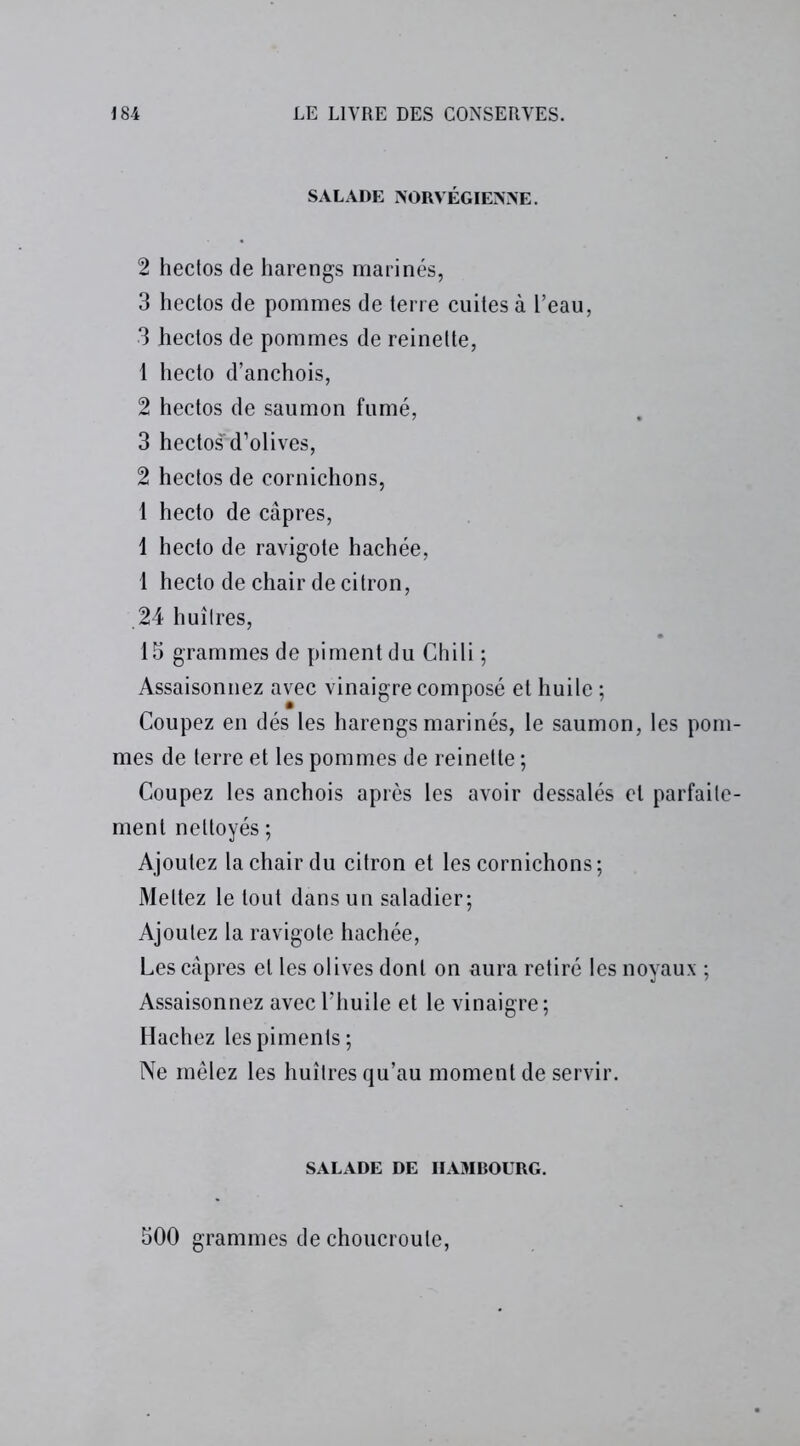SALADE NORVÉGIENNE. 2 hectos de harengs marinés, 3 hectos de pommes de terre cuites à l’eau, 3 hectos de pommes de reinette, 1 hecto d’anchois, 2 hectos de saumon fumé, 3 hectos d’olives, 2 hectos de cornichons, 1 hecto de câpres, 1 hecto de ravigote hachée, 1 hecto de chair de citron, 24 huîtres, 15 grammes de piment du Chili ; Assaisonnez avec vinaigre composé et huile ; Coupez en dés les harengs marinés, le saumon, les pom mes de terre et les pommes de reinette ; Coupez les anchois après les avoir dessalés et parfaite ment nettoyés ; Ajoutez la chair du citron et les cornichons; Mettez le tout dans un saladier; Ajoutez la ravigote hachée, Les câpres et les olives dont on aura retiré les noyaux ; Assaisonnez avec l’huile et le vinaigre; Hachez les piments; Ne mêlez les huîtres qu’au moment de servir. SALADE DE HAMBOURG. 500 grammes de choucroute,