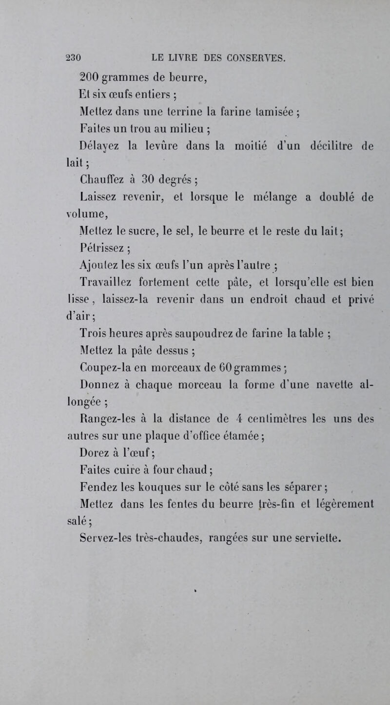 200 grammes de beurre, Et six œufs entiers ; Mettez dans une terrine la farine tamisée ; Faites un trou au milieu ; Délayez la levûre dans la moitié d’un décilitre de lait ; Chauffez à 30 degrés ; Laissez revenir, et lorsque le mélange a doublé de volume, Mettez le sucre, le sel, le beurre et le reste du lait; Pétrissez ; Ajoutez les six œufs l’un après l’autre ; Travaillez fortement cette pâte, et lorsqu’elle est bien lisse, laissez-la revenir dans un endroit chaud et privé d’air; Trois heures après saupoudrez de farine la table ; Mettez la pâte dessus ; Coupez-la en morceaux de 60 grammes ; Donnez à chaque morceau la forme d’une navette al- longée ; Rangez-les à la distance de 4 centimètres les uns des autres sur une plaque d’office étamée ; Dorez à l’œuf ; Faites cuire à four chaud ; Fendez les touques sur le côté sans les séparer ; Mettez dans les fentes du beurre j,rès-fin et légèrement salé; Servez-les très-chaudes, rangées sur une serviette.