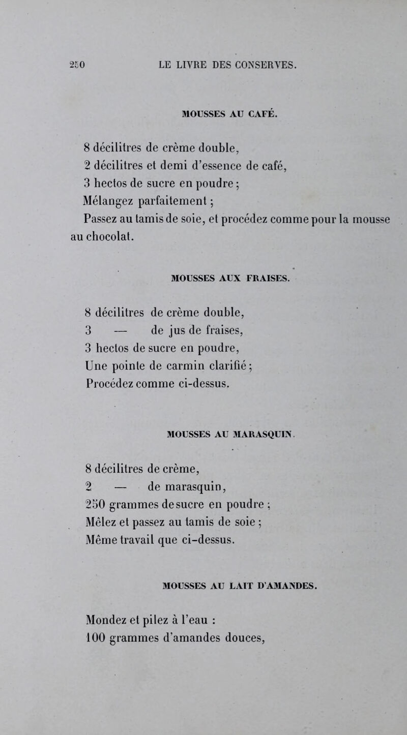 MOUSSES AU CAFÉ. 8 décilitres de crème double, 2 décilitres et demi d’essence de café, 3 hectos de sucre en poudre ; Mélangez parfaitement ; Passez au tamis de soie, et procédez comme pour la mousse au chocolat. MOUSSES AUX FRAISES. 8 décilitres de crème double, 3 — de jus de fraises, 3 hectos de sucre en poudre, Une pointe de carmin clarifié; Procédez comme ci-dessus. MOUSSES AU MARASQUIN 8 décilitres de crème, 2 — de marasquin, 250 grammes de sucre en poudre ; Mêlez et passez au tamis de soie ; Même travail que ci-dessus. MOUSSES AU LAIT D’AMANDES. Mondez et pilez à l’eau : 100 grammes d’amandes douces,