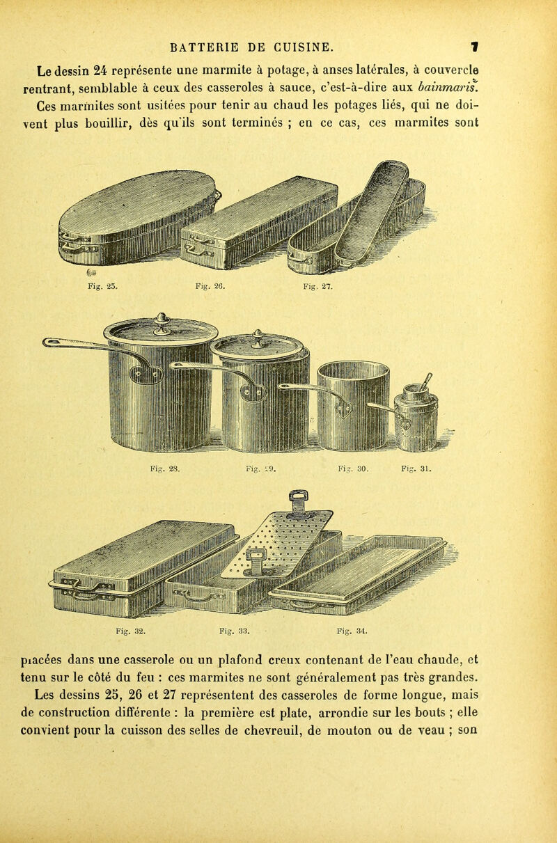 Le dessin 24 représente une marmite à potage, à anses latérales, à couvercle rentrant, semblable à ceux des casseroles à sauce, c’est-à-dire aux bainmaris. Ces marmites sont usitées pour tenir au chaud les potages liés, qui ne doi- vent plus bouillir, dès qu'ils sont terminés ; en ce cas, ces marmites sont Fig. 25. Fig. 26. Fig. 27. Fig. 28. Fig. £9. Fig. 30. Fig. 31. Fig. 32. Fig. 34. piacées dans une casserole ou un plafond creux contenant de l’eau chaude, et tenu sur le côté du feu : ces marmites ne sont généralement pas très grandes. Les dessins 25, 26 et 27 représentent des casseroles de forme longue, mais de construction différente : la première est plate, arrondie sur les bouts ; elle convient pour la cuisson des selles de chevreuil, de mouton ou de veau ; son