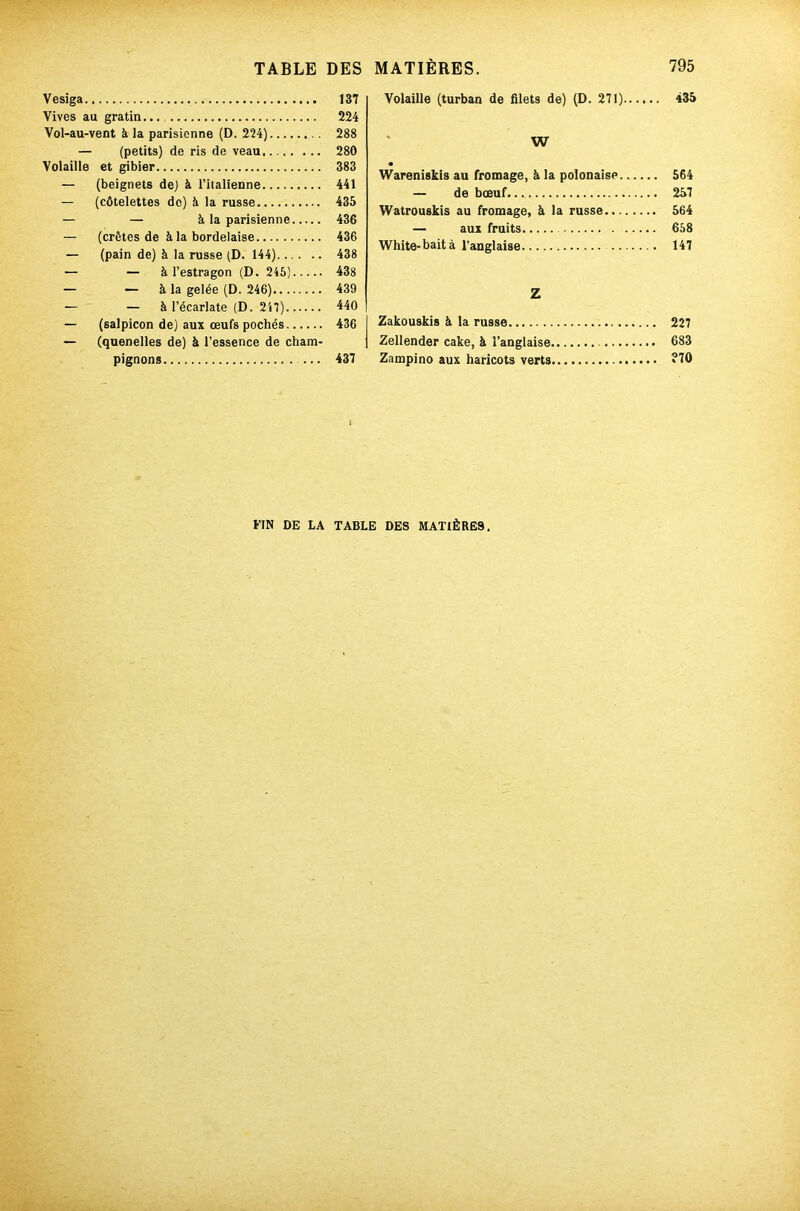 435 Vesiga Vives au gratin Vol-au-vent à la parisienne (D. 224) — (petits) de ris de veau Volaille et gibier — (beignets de) à l’italienne — (côtelettes do) à la russe — — à la parisienne — (crêtes de à la bordelaise — (pain de) à la russe (D. 144) — — à l’estragon (D. 245) — — à la gelée (D. 246) — — à l’écarlate (D. 247) — (salpicon de) aux œufs pochés — (quenelles de) à l’essence de cham- pignons FIN DE LA Volaille (turban de filets de) (D. 271), W Wareniskis au fromage, à la polonaise 564 — de bœuf. 257 Watrouskis au fromage, à la russe 564 — aux fruits 658 White-baità l'anglaise 147 Z Zakouskis à la russe 227 Zellender cake, à l’anglaise 683 Zampino aux haricots verts ?70 DES MATIÈRES. 137 224 288 280 383 441 435 436 436 438 438 439 440 436 437 i TABLE