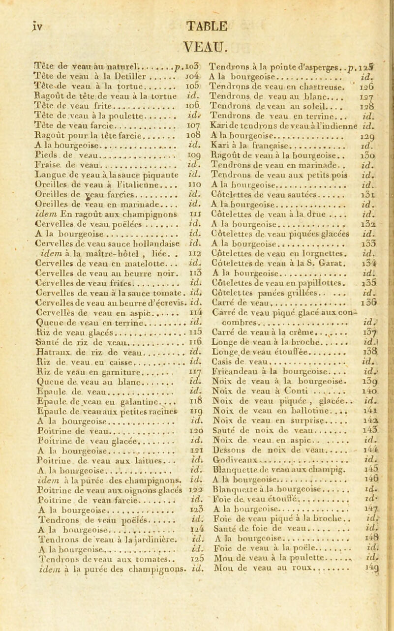 VEAU. Tête de veau au naturel p. lo3 Tête de veau à la Detiller Jo4 TêteMe veau à la tortue lo5 Bagout de tête de veau à la tortue id. Tête de veau frite.... 106 Tête de .veau à la poulette id* Tête de veau farcie 107 Ragoût pour la tête farcie 108 A la bourgeoise id. Pieds de veau...... 10g Fraise de veau id. Langue de veau à la sauce piquante id. Oreilles de veau à l’italienne.... no Oreilles de y:au farcies id. Oreilles de venu en marinade.. . . id. idem En ragoût aux champignons III Cervelles de veau poêlées id. A la bourgeoise id. Cervelles de veau sauce hollandaise id. idem h la maître-hôtel , liée. . 112 Cervelles de veau en matelotte. . . id. Cervelles de veau au beurre noir. 113 Cervelles de veau frites id. Cervelles de veau à la sauce tomate, id. Cervelles de veau au beurre d’écrevis. id. Cervelles de veau en aspic... ... ii4 Queue de veau en terrine id. Kiz de veau glacés 110 Sa tué de riz de veau 116 Hat t aux de riz de veau id. Riz de veau en caisse id. Riz de veau en garniture H7 Queue de veau au blanc id. Epaule de veau id. Epaule de veau eu galantine.... 118 Epaule de veau aux petites racines 119 A la bourgeoise id. Poitrine de veau 130 Poitrine de veau glacée id. A la bourgeoise 121 Poitrine de veau aux laitues... ldi A la bourgeoise id. idem à la purée des champignons, id. Poitrine de veau aux oignons glacés 133 Poitrine de veau farcie id. A la bourgeoise 123 Tendrons de veau poëiés id. A la bourgeoise Ii4 Tendrons de veau à la jardinière. id. A la bourgeoise. id. Tendrons de veau aux tomates.. Iî5 idem à la purée des champignons, id. Tendrons à la pointe d’asperges, .p. 12Î A la bourgeoise id. Tendrqns de veau en chartreuse. 136 Tendrons de veau au blanc.... 137 Tendrons de veau au soleil.... 128 Tendrons de veau en terrine... id. Karidc tendrons de veau à l’indienne id. A la bourgeoise Kari à la française Ragoût de veau à la bourgeoise.. Tendrons de veau en marinade. . Tendrons de veau aux petits pois A la bourgeoise Côtelettes de veau sautées A la bourgeoise Côtelettes de veau à la drue .... A la bourgeoise Côtelettes de veau piquées glacées A la bourgeoise Cptelettes de veau en lorgnettes. Côtelettes de veau à la S. Garat. A la bourgeoise Côtelettes 3e veau en papillottes. Côtelettes panées grillées.. ... Carré de veau Carré de veau piqué glacé aux con- combres id.' Carré de veau à In crème....... 157 Longe de veau à la broche id.I Longe.de veau étouffée l38. Casis de veau id. Fricandeau à la bourgeoise. .. . id.' Noix de veau à la bourgeoise. l3g Noix de veau à Conti lio ! Noix de veau piquée, glacée., id. Noix de veau en ballotine. ... i4l Noix de veau en surprise i4a ! Sauté de noix de veau l43. i Noix de veau, en aspic id. Dessous de noix de veau l4.£ Godiveaux id. Blanquette de veau aux champig. l45 A là bourgeoise i46 1 Blnnque.tte à la.bourgeoise id. Foie de. veau étouffé. id‘ A la bourgeoise i47. Foie de veau piqué à la broche.. id,' Sauté de foie de veau id. A la bourgeoise i48 Foie de veau à la poêle id. Mou de veau à la poulette » id. Mou de veau au roux i4çj I 129 id. 130 id. id. id. 131 id. id. i3a id. i53 id. i34 id. j55 id. i36