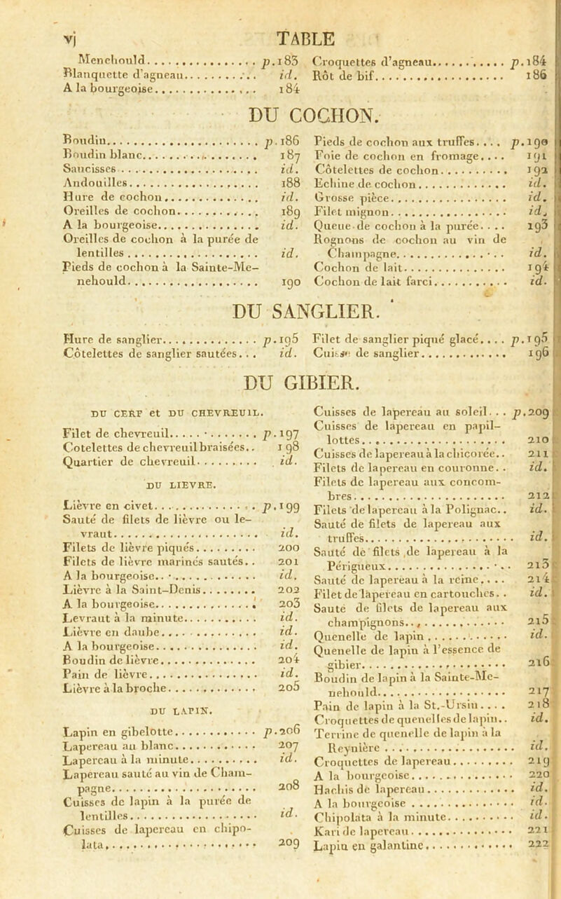 vj TABLE Menchould p. i83 Croquettes (l’agneau Blanquette d’agneau •.. id. Rôt de bif A la bourgeoise 184 DU COGIION. p. i84 186 Boudin p. 186 Boudin blanc 187 Saucisses . . . .. id. Andouilles 188 Hure de cochon Oreilles de cochon A la bourgeoise Oreilles de cochon à la purée de lentilles Pieds de cochon à la Sainte-Me- nehould Pieds de cochon aux truffés. ... p.190 Foie de cochon en fromage.... Kjt Côtelettes de cochon 192 Echine de. cochon id. Grosse pièce id. Filet mignon idj Queue-de cochon à la purée. . .. ig3 Rognons de cochon au vin de Champagne •.. id. Cochon de lait 19^ Cochon de lait farci id. w id. 189 id. id. 190 DU SANGLIER. Hure de sanglier 71.195 Filet de sanglier piqué glacé.... p. 19S Côtelettes de sanglier sautées. . . id. Cui s*' de sanglier 196 DU GIBIER. DU CERF et DU CHEVREUIL. Filet de chevreuil • p. 197 Côtelettes de chevreuil braisées.. 198 Quartier de chevreuil . id. DU LIEVRE. Lièvre en civet. . p. 19g Sauté de filets de lièvre ou le- vraut id. Filets de lièvre piqués 200 Filets de lièvre marinés sautés.. 201 A la bourgeoise.. • id. Lièvre à la Saint-Denis 203 A la bourgeoise 203 Levraut à la minute id. Lièvre en daube id. A la bourgeoise id. Boudin de lièvre 2o4 Pain de lièvre id. Lièvre à la broche 2o5 DU LAFIN. Lapin en gibelotte 71.206 Lapereau au blanc 207 Lapereau à la minute id. Lapereau sauté au vin Je Cham- pagne 208 Cuisses de lapin à la purée de lentilles id. Cu isses de lapereau en chipo- lata, 209 Cuisses de lapereau au soleil. . . 71.20g Cuisses de lapereau en papil- lottes 210 Cuisses de lapereau à la chicorée.. 211 Filets de lapereau en couronne. . id. Filets de lapereau aux concom- bres 212 : Filets de lapereau à la Polignac.. id. Sauté de filets de lapereau aux truffes id. t- Sauté de filets Je lapereau à la Périguèux •. • 2i5 r Sauté de lapereau à la reine,... 2x4 c Filet de lapereau en cartouches. . id. 1 Sauté de filets de lapereau aux champignons.., 2i5: Quenelle de lapin 1 id. Quenelle de lapiu à l’essence de I gibier 216- Boudin de lapin a la Saiute-Me- nehonld 2175 Pain de lapin à la St.-Ursiu. ... 218 Croquettes de quenelles de lapin.. id. Terrine de quenelle de lapin à la Reynlère . . id. j Croquettes de lapereau 219 A la bourgeoise 220 Hachis de lapereau 'd. ' A la bourgeoise id. j Chipolata à la minute id. [ Kan de lapereau 221 f Lapin en galantine 222