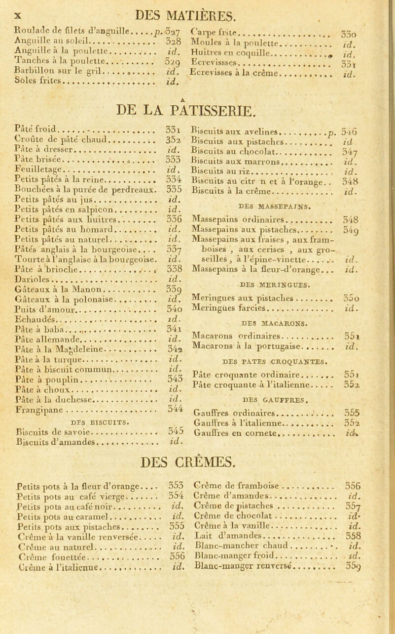 Roulade de filets d’anguille p.fii.'] Anguille au soleil 3^8 Anguille à la poulette id. Tanches à la poulette... 5ug Barbillon sur le gril id. Soles frites id. Carpe frite 550 Moules à la poulette /d. Huîtres eu coquille id. Ecrcvissses 33» Ecrevisses à la crème id. DE LA PATISSERIE. Pâte' froid ...... Croûte de pâté chaud Pâte à dresser Pâte brisée a Feuilletage Petits pâtés à la reine Bouchées à la purée de perdreaux. Petits pâtés au jus Petits pâtés en salpicon Petits pâtés aux huîtres Petits pâtés au homard Petits pâtés au naturel Pâtés anglais à la bourgeoise... . Tourte à l’anglaise à la bourgeoise. Pâte à 'brioche Darioles Gâteaux à la Manon Gâteaux à la polonaise Puits d’amour Echaudés Pâte à baba.. Pâte allemande Pâte à la Magdeleine Pâte à la turque Pâte à biscuit commun Pâte à pouplin '• Pâte à choux Pâte à la duchesse Frangipane ,.... Drs BISCUITS. Biscuits de Savoie Biscuits d’amandes 331 Biscuits aux avelines p. 5-i 6 352 Biscuits aux pistaches id id. Biscuits au chocolat 547 533 Biscuits aux marrons id. id. Biscuits au riz id. 334 Biscuits au citr n et à l’orange.. 348 335 id. Biscuits à la crème id. id. DES MASSEPAINS. 356 Massepains ordinaires Massepains aux pistaches 548 {R. 54g id. Massepains aux iraiscs , aux fram- 55i boises , aux cerises , aux gro- id. seilles , à l’épine-vinette id. 538 id. Massepains à la fleur-d’orange... id. 33 g DES MERINGUES. id. Meringues aux pistaches 55o 34o Meringues farcies id. id. 34i DES MACARONS. Macarons ordinaires 551 34a Macarons à la portugaise id. id. id. 343 DES PATES CROQUANTES. Pâte croquante ordinaire 551 id. Pâte croquante à l’italienne 55a id. DES GAUFFRES. 544 Gauffres ordinaires ’.... 355 545 id. Gauffres à l’italienne 35a Gauffres en comete ich DES CRÈMES. Petits pots à la fleur d’orange.... Petits pots au café vierge Petits pots au café noir Petits pots au caramel Petits pots aux pistaches Crème à la vanille renversée. . .. Crème au naturel Crème fouettée Crème à l’italienne 353 Crème de framboise 356 354 Crème d’amandes id. id. Crème de pistaches 357 id. Crème de chocolat id* 355 Crème à la vanille. id. id. Fait d’amandes 358 id. Blanc-maucher chaud •. id. 556 Blanc-manger froid id. id. Blanc-manger renversé 559