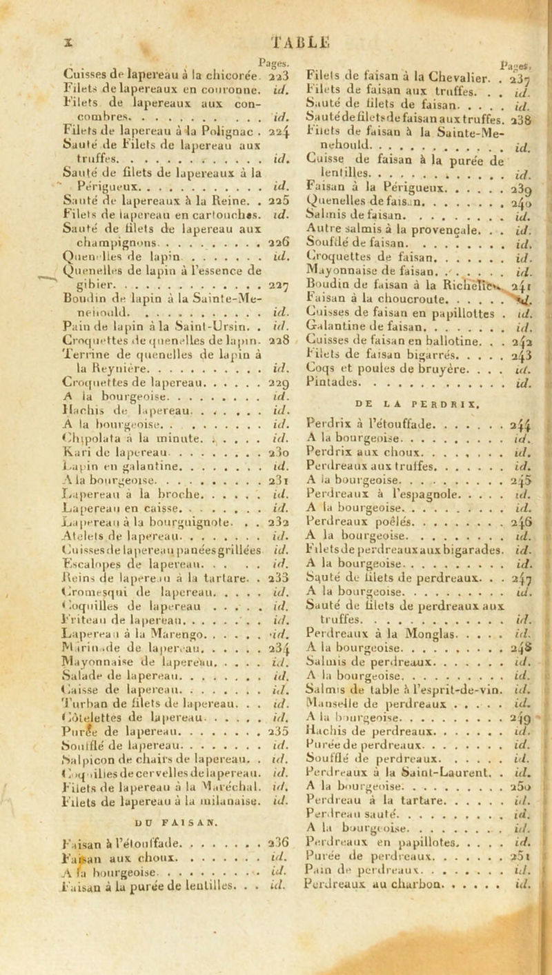Filets de lapereaux en couronne. Filets de lapereaux aux con- combres Filets de lapereau à la Polignac . Sauté île Filets de lapereau aux truffes Sauté de filets de lapereaux à la Santé de lapereaux h la Reine. . Filets de lapereau en cartouches. Sauté de filet s de lapereau aux champignons Quenelles de lapin Quenelles de lapin à l’essence de gibier Boudin de lapin à la Sainte-Me- Pain de lapin à la Saint-Ursin. . Crncpiettes de quenelles de lapin. Terrine de quenelles de lapin à de I îi A I Hachis .A la bourgeoise. . Chipolata à la minute. A la bourgçr Lapereau à la Lapereau à la bourguignote. . . Atelets de lapereau Cuissesde lapereau panéesgrillées Escalopes de lapereau Reins de lapereau à la tartare. . Cromt-squi de lapereau Coquilles de lapereau ...... Mirin.de de laper.au. Caisse de lapereau Turban de filets de lapereau. Côtelettes de lapereau. . . . Purle de lapereau Salpicon de chairs de lapereau. . C>q ailles de cervelles de laperea u. Filets de lapereau à la Maréchal. Filets de lapereau à la milanaise. un FAISAN. Faifcan aux choux A fa bourgeoise Faisan à la purée de leutilles. ^ages. 2a3 Hlels de faisan à la Chevalier. . 237 id. id. Filets de faisan aux truffes. . . S.iute de filets de faisan. . . id. id. Sauté de filetsde faisan aux truffes. 238 l'iiets de faisan à la Sainte-Me- nehould id. ici. Cuisse de faisan à la purée de lentilles id. id. Faisan à la Périgueux 239 225 Quenelles défais, n 240 id. Salmis de faisan id. Autre salmis à la provençale. . . u. 226 Souldé de faisan u. id. Croquettes de faisan id. Mayonnaise de faisan. .... . id. 227 Boudin de faisan à la Richelic». 241 Faisan à la choucroute 'V. id. Cuisses de faisan en papillottes . id. id. Galantine de faisan id. 228 Cuisses de faisan en ballotine. . 243 filets de faisan bigarrés 243 u. Coqs et poules de bruyère. . . . ici. 229 id. Pintades id. id. DE LA PERDRIX, id. Perdrix à l’étouffade 244 id. A la bourgeoise id. Perdrix aux choux ul. id. Perdreaux aux truffes id. 23 I A la bourgeoise 245 id. Perdreaux à l’espagnole 1 d. id. A la bourgeoise L(l. 2Î2 Perdreaux poêlés 216 id. A la bourgeoise id. id. Filets de perdreaux aux bigarades. id. id. A la bourgeoise id. 233 Sguté de blets de perdreaux. . . 247 id. A la bourgeoise id. id. Sauté de blets de perdreaux aux id. truffes id. •id. Perdreaux à la Monglas id. 234 A la bourgeoise 24s Salmis de perdreaux ul. id. A la bourgeoise id. id. Salmis de table h l’esprit-de-vin. ui. 1 d. Manselle de perdreaux id. id. A la bourgeoise 219 235 Hachis de perdreaux id. id. Purée de perdreaux id. id. Soufflé de perdreaux id. id. Perdreaux à la Saint-Laurent. . id. td. A la bourgeoise 2 5 0 id. Perdreau à la tartare id. ! Perdreau sauté id. A la bourgeoise id. 1 Perdreaux en papillotes id. i id. Purée de perdreaux 251 id. Pain de perdreaux id. i id. J
