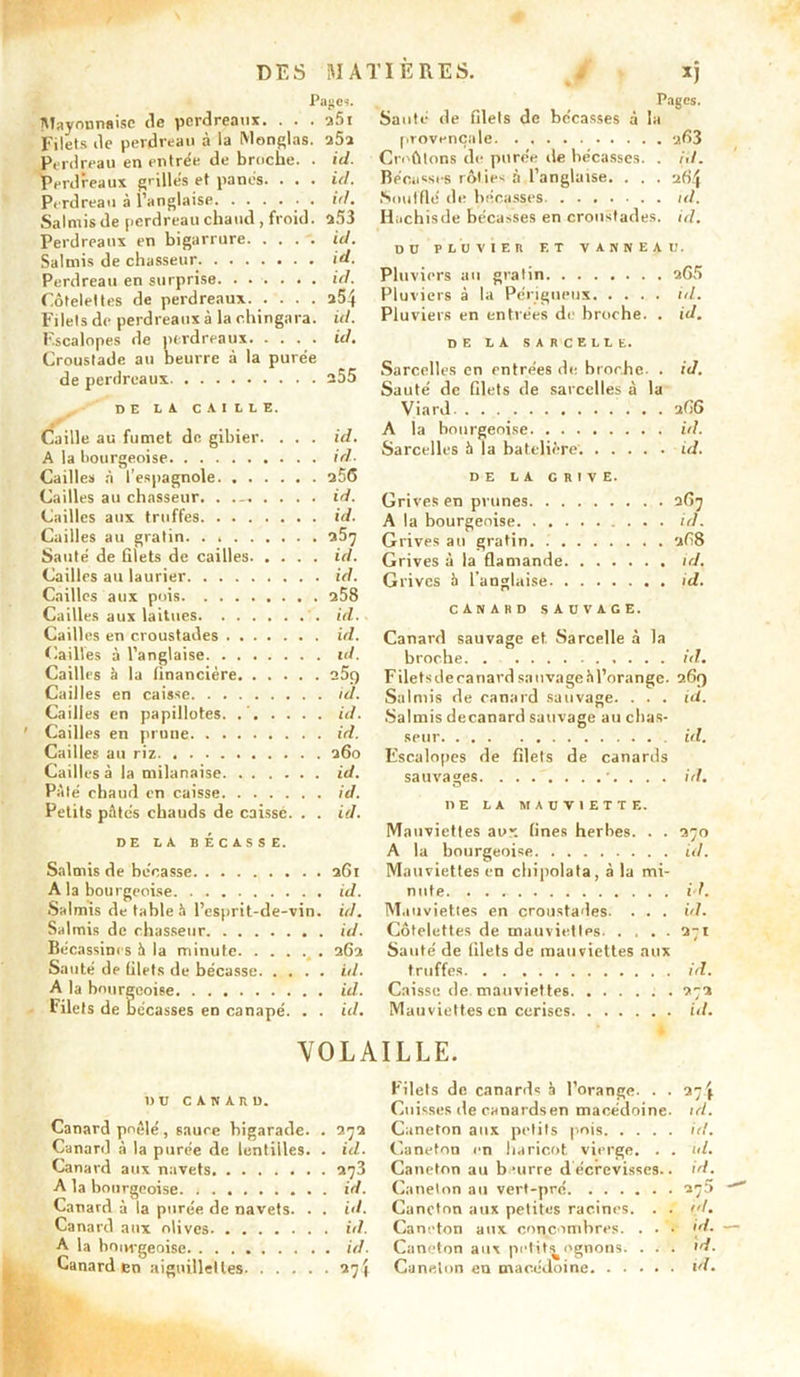 Pager. Mayonnaise de perdreaux. . . . a5i Filets de perdreau à la Monglas. a5a Perdreau en entrée de bruche. . id. Perdreaux grillés et panés. . . . id. Perdreau à l’anglaise . id. Salmis de perdreau chaud , froid. 2.53 Perdreaux en bigarrure id. Salmis de chasseur. id. Perdreau en surprise id. Côtelettes de perdreaux 254 Filets de perdreaux à lachingara. id. Escalopes de perdreaux id. Croustade au beurre à la purée de perdreaux a55 DE LA CAILLE. Caille au fumet de gibier. . . . id. A la bourgeoise id. Cailles à l’espagnole a56 Cailles au chasseur. . id. Cailles aux truffes id. Cailles au gratin. . Sauté de filets de cailles id. Cailles au laurier id. Cailles aux pois a58 Cailles aux laitues id. Cailles en croustades id. Cailles à l’anglaise id. Cailles à la linanciére 25t) Cailles en caisse id. Cailles en papillotes. id. Cailles en prune id. Cailles au riz. 260 Cailles à la milanaise id. PAté chaud en caisse id. Petits pûtes chauds de caisse. . . id. DE LA BÉCASSE. Salmis de bécasse 261 A la bourgeoise id. Salmis de table b l’esprit-de-vin. id. Salmis de chasseur id. Bécassines b la minute 262 Sauté de (ilets de bécasse id. A la bourgeoise id. Filets de bécasses en canapé. . . id. Pages. Sauté de filets de bécasses à la provençale 263 Croûtons de purée île bécasses. . id. Bécasses rôties à l’anglaise. . . . 264 Soufflé de bécasses. itl. Iiachisde bécasses en croustades, id. Dü PLUVIER ET VANNEAU. Pluviers au gratin 265 Pluviers à la Périgueux id. Pluviers en entrées de broche. . id. DE LA SARCELLE. Sarcelles en entrées de broche. . id. Sauté de filets de sarcelles à la Viard 266 A la bourgeoise id. Sarcelles h la batelière id. DE LA GRIVE. Grives en prunes 267 A la bourgeoise id. Grives au gratin 268 Grives à la flamande id. Grives b l’anglaise id. canard sauvage. Canard sauvage et Sarcelle à la broche id. F ilets de canard sauvage h l’orange. 2 69 Salmis de canard sauvage. . . . id. Salmis decanard sauvage au chas- seur id. Escalopes de filets de canards sauvages •. . . . id. UE LA MAUVIETTE. Mauviettes aux fines herbes. . . 270 A la bourgeoise id. Mauviettes en chipolata, à la mi- nute. . . id. Mauviettes en croustades. . . . id. Côtelettes de mauviettes 271 Sauté de filets de mauviettes aux truffes id. Caisse de mauviettes 272 Mauviettes en cerises id. VOLAILLE. nu canard. Canard poêlé, 8auce bigarade. . 272 Canard à la purée de lentilles. . id. Canard aux navets 273 A la bourgeoise id. Canard à la purée de navets. . . id. Canard aux olives iil. A la bourgeoise id. Canard en aiguillettes 27! Filets de canards à l’orange. . . 274 Cuisses de canardsen macédoine, id. Caneton aux petits pois id. Caneton en haricot vierge. . . id. Caneton au beurre décrivisses., id. Caneton au vert-pré 275 Caneton aux petites racines. . . Caneton aux concombres. . . • »«• Caneton aux petit^ognons. ... <d. Caneton en macédoine id.