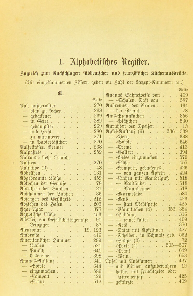 I. 2Upljabfti|*rlje5 fegifter. Bwfllcirt) junt 9iürf)frf)lngcn jübbeutfdjcr imö fviutjüfifdjer ftudjcimusbrütfc. (Sie cingeflammcrten .giffern geben bie gatjt ber 9te5ept»9hnnmern an.) ©eite 2t. anattad ©atjnefpeife bon . . . 409 ©eite — »©djalen, <5aft bon . . . 587 aal, aufgerotltcr . . . . 270 anbrennen ber traten . . . . 134 — blau ju fodjen . . . . 268 — ber ©einige .... . . 78 — gebacfener . . . . . 269 ani^ißfannfucpen . . . . . 356 — in ©elce .... . . 382 — »ijSläjjdfen .... . . 530 — gebämpfter . . . . . 269 anricbten ber (Spesen . . . . 13 — unb tpedjt . . . . . 280 apfel-auftauf (6) . . . 336—339 — ju marinieren . . . . 271 — »23erg . . 338 — in ißapierfäftdjcn . . . 270 — »SBotnle . . 646 2Tatfrifaffee, üßremer . . 268 — »Kreme . . 413 Slalpaftete . . 252 — »©allert . . 394 aalraupe fielje Ouappe. — »@elee einsumadjen . . . 579 SlaXftero . . 270 — »ftlöfjc . . 457 aalfuppe (2) . . . . . . 48 — »Stompott, gebadened . . . 426 2lbbrüJ)cn . . 131 bon ganjen äpfeln . . 424 Abgebrannte Stlöfje . . . . 459 — »Äucpen mit SJlanbelgujj . 518 abtocfjen ber ©erniife . . . 78 SJiaitänber . . . . . 518 abrütjreit ber ©tippen. . . 21 SJtannljeimer . . . . 518 abfdjäumen ber (Suppen . . 36 — »üftarmelabe. . . . . . 580 abfengeit be3 ©eflitgelä . . 212 — »üUhtd . . 426 abjiefjen be§ tpafen . . 203 ftatt SJteljlfpeife . . . 425 Stgar»2(gar .... . . 377 — »ißfannfudjen (4) . . 353. 354 2igpptifd)e ftlöjfe . . . . 453 — »ißnbbing .... . . 316 allerlei, ein ©efettfdjaftägemiife. 90 feiner falter. . . . . 409 — üeipgiger . . . . . 87 — »9iei§ . . 370 aieuronat 19. 123 — »©alat mit apfelfiiten . . 427 ambrofia . . 416 — »©dieibeit, in ©dpttalä geb. 562 auterifauifdjer Rümmer . . 299 — »©uppe (2) .... . . 72 — Suchen .... . . 521 — »Sorte (4) . . . . 505-507 — fßunfd) .... . . 641 — »Sraitf . . 649 — Qcigcreme.... . . 398 — »Sßettt . . 653 anana§»anflauf . . . . . 341 5lpfet mit aniSfamen . . . . 427 — *33otbIe .... — nnb 93irnen anf-mbemafjrcn 12 — einjumadjen. . . . . 586 — I;albe, mit g-rudjtgetcc ober — »Kompott . . . . . 429 Sitroueujaft . . . . . 425 — -Sranj .... . . 512 — geftnrjtc . . 409