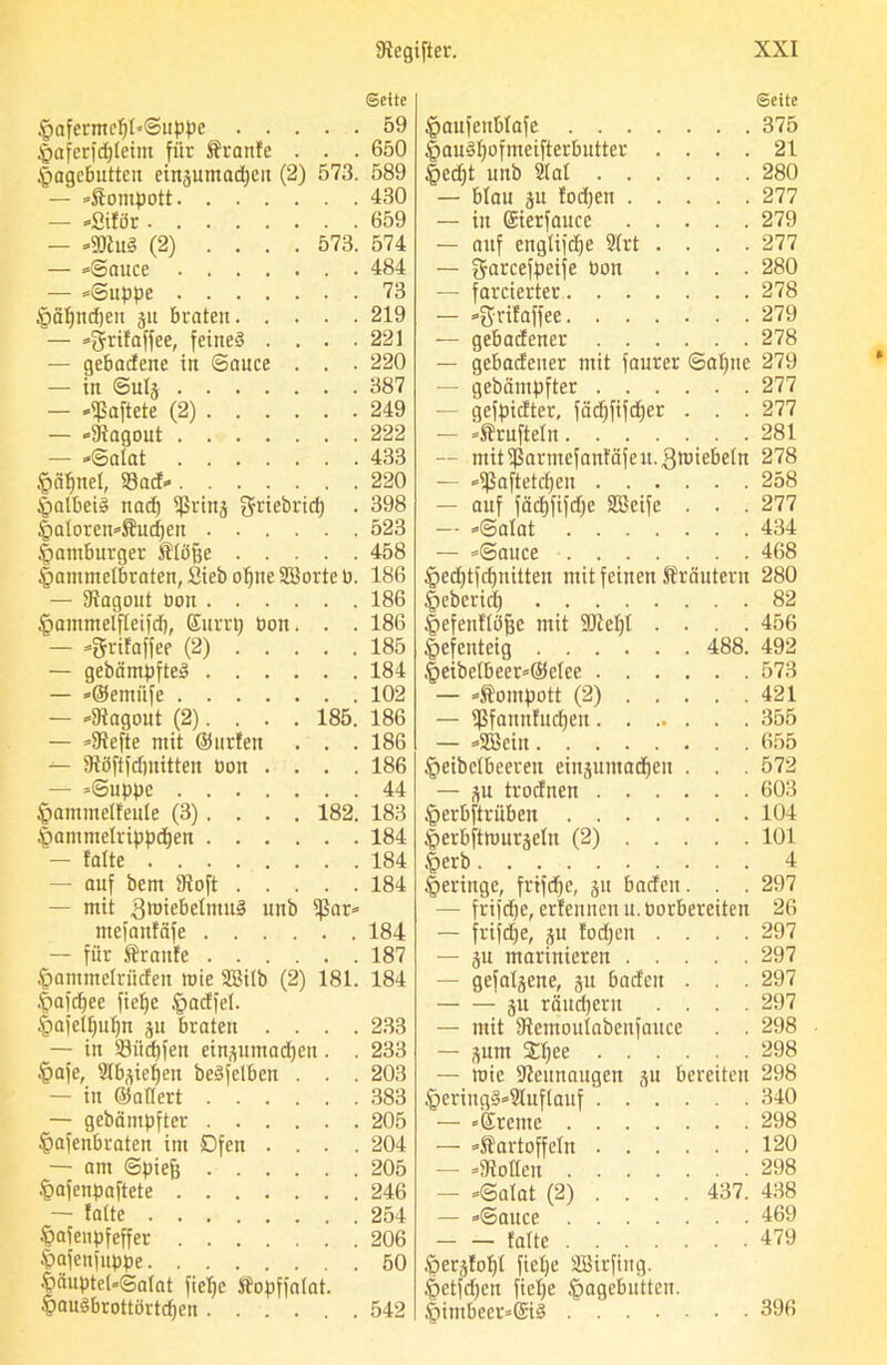 §afermcpl»Suppe Haferfdpteim für Kranfe . . . Hagebutten eingumadjeu (2) 573. — »Kompott — »Siför — »SDtuS (2) .... 573. — »Sauce — »Suppe £>äpncpen gtt braten — »grifaffee, feines . . . . — gebacfene in Sauce . . . — in Sutg — »haftete (2) — »Stagout — »Salat ipäpnel, 33ad» Salbeis nad) ißring griebricp . Haloren»Kucpen Hamburger Ktöfje Hammelbraten, Sieb opne SBorte b. — Stagout bon §ammelfteifcp, Surrt) bon. . . — »grifaffee (2) — gebämpfteS — »©erniife — »Stagout (2). . . . 185. — »Stefte mit ©urlen . . . Stöftfdjnitten bon . . . . — »Suppe £>ammelfeute (3) . . . . 182. ^ammetrippcpen — falte - auf bem Stoft — mit groiebetmuS unb ißar» mefanfäfe — für Kraute £ammetrüden roie Sßitb (2) 181. Hafcpee fiepe §adfet. Hafetpupn gn braten . . . . — in S3ücpfen eingumacpen. . §afe, Stbgiepen beSfeiben . . . — in ©altert — gebämpfter §afenbraten im Dfen . . . . — am Spiefj .fjafenpaftete — falte ^afenpfeffer ■jbafeufuppe •t>nuptel»Satat fiepe Kopffatat. §au§brottörtcpen ©eite ^aufenbtafe 375 HauSpofmeifterbutter .... 21 Hecpt unb 9Ial 280 — blau gu fodjen 277 — in ©ierfauce 279 — auf englifcpe 2(rt .... 277 — garcefpeije bon .... 280 — forcierter 278 — »grifaffee 279 — gebadener 278 — gebadener mit faurer Saptie 279 — gebämpfter 277 — gefpidter. fädjfifcper . . .277 — »Kruftetn 281 -- mitißarmefanfäfeu.gtbtebeln 278 — »ißaftetdjen 258 — auf fäcpfifdje Sßeife . . .277 — »Salat 434 — »Sauce 468 $ed)tfcpnitten mit feinen Kräutern 280 Hebend) 82 Hefenftöfje mit Sftept .... 456 Hefenteig 488. 492 Heibetbeer»©etee 573 — »Kompott (2) 421 — Sßfannfucpen 355 — »2Bein 655 §eibelbeeren eingumacpen . . . 572 — SU trodnen 603 tperbftriiben 104 $erbftwurgetn (2) 101 §erb 4 Heringe, frtfdje, §u baden. . . 297 — frifdje, erfeunenu. borbereiten 26 — frifdje, ju fod)en .... 297 — gu marinieren 297 — gefallene, gu baden . . .297 gu räucpent .... 297 — mit Stemoutabenfauce . . 298 — gum 2pee 298 — wie Steunaugen gu bereiten 298 §ering§»2luflauf 340 — »©reine 298 — »Kartoffeln 120 — »Stötten 298 — »Satat (2) . . . . 437. 438 — »Sauce 469 — — fatte 479 tjjergfopt fiepe SBirfing. Hetfcpen fiepe ßagebutteu. §imbeer»©S 396 ©eite 59 650 589 430 659 574 484 73 219 221 220 387 249 222 433 220 398 523 458 186 186 186 185 184 102 186 186 186 44 183 184 184 184 184 187 184 233 233 203 383 205 204 205 246 254 206 50 542