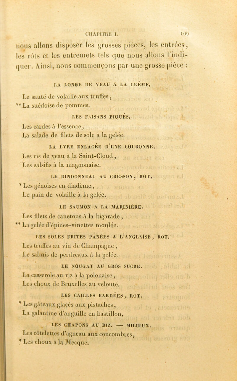cii.u'iTiU'; 1. lU'J nous allons disposer les grosses [)icces, les entrées, » les lois et les entremets tels (juo nous allons l’indi- (juer. Ainsi, nous commençons par iwie grosse pièce ; LA LONGE DE VEAU A LA CREME. Le saule de volaille aux truites, La suédoise de poinincs. LES FAISANS PIQUES. Les cardes à l’essence, La salade de filets de sole à la gelée. LA LYRE ENLACÉE d’UNE COURONNE. - Les ris de veau à la Saint-Cloud, Les salsifis à la maguouaise. , LE DINDONNEAU AU CRESSON, ROT, Les génoises en diadème, Le pain de volaille k la gelée. LE SAUMON A LA MARINIÈRE. Les filets de canetons à la l3igarade, La gelée d’épines-vinettes moulée. LES SOLES FRITES PANÉES A l’ANüLAISE , ROT. Les trufi'es au vin de Champagne , Le salmis de jierdreaux à la gelée. LE NOUGAT AU GROS SUCRE. La casserole au riz à la polonaise, Les choux de Bruxelles au velouté. LES CAILLES CARDEES, ROT. Les gâteaux glacés aux pistaches, La galantine d’anguille en bastillon. LES CUAPONS AU RIZ, — MILIEUX. Les côtelettes d’agneau aux concombres, ” Les choux à la 3Iecque.