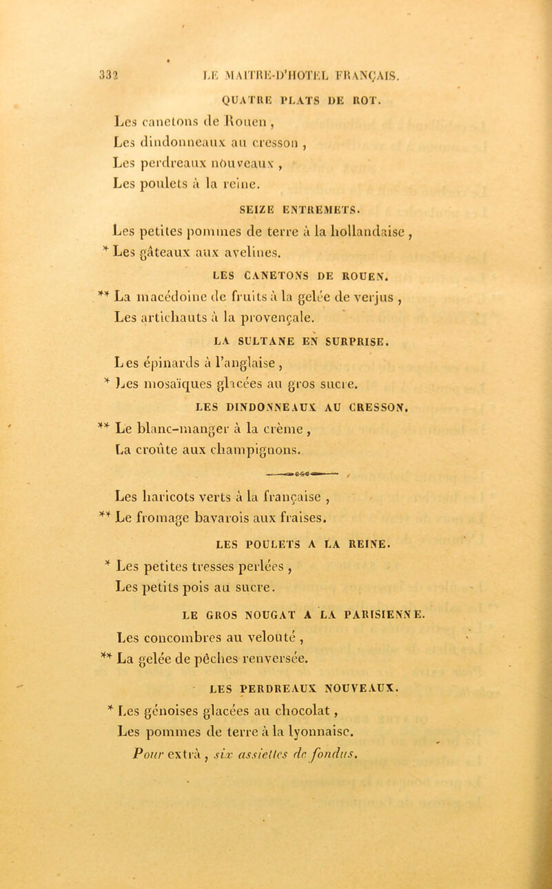 QUATRE PLATS DE ROT. IjC.s caneton-s de Koiien , Les diiidonneau.v au cics.soii , Les perdreaux nouveaux , Les poulets à la reine. SEIZE ENTREMETS. Les petites ponunes de terre à la hollandaise , ’^Les gâteaux aux avelines. LES CANETONS DE ROUEN. La macédoine de fruits à la gelée de verjus , Les artichauts à la provençale, LA SULTANE EN SURPRISE. Les épinards à l’anglaise , ^ Jjes niosaïc|ues glacées au gros sucre. LES DINDONNEAUX AU CRESSON. ** Le blanc-manger à la crème , La croûte aux champignons. Les haricots verts à la française , Le fromage bavarois aux fraises. LES POULETS A LA REINE. Les petites tresses perlées , Les petits pois au sucre. LE GROS NOUGAT A LA PARISIENNE. Les concombres au velouté , La gelée de pèches renversée. LES PERDREAUX NOUVEAUX. * Les génoises glacées au chocolat, Les pommes de terre à la lyonnaise. Poffr extra , sir assielles de fondus.