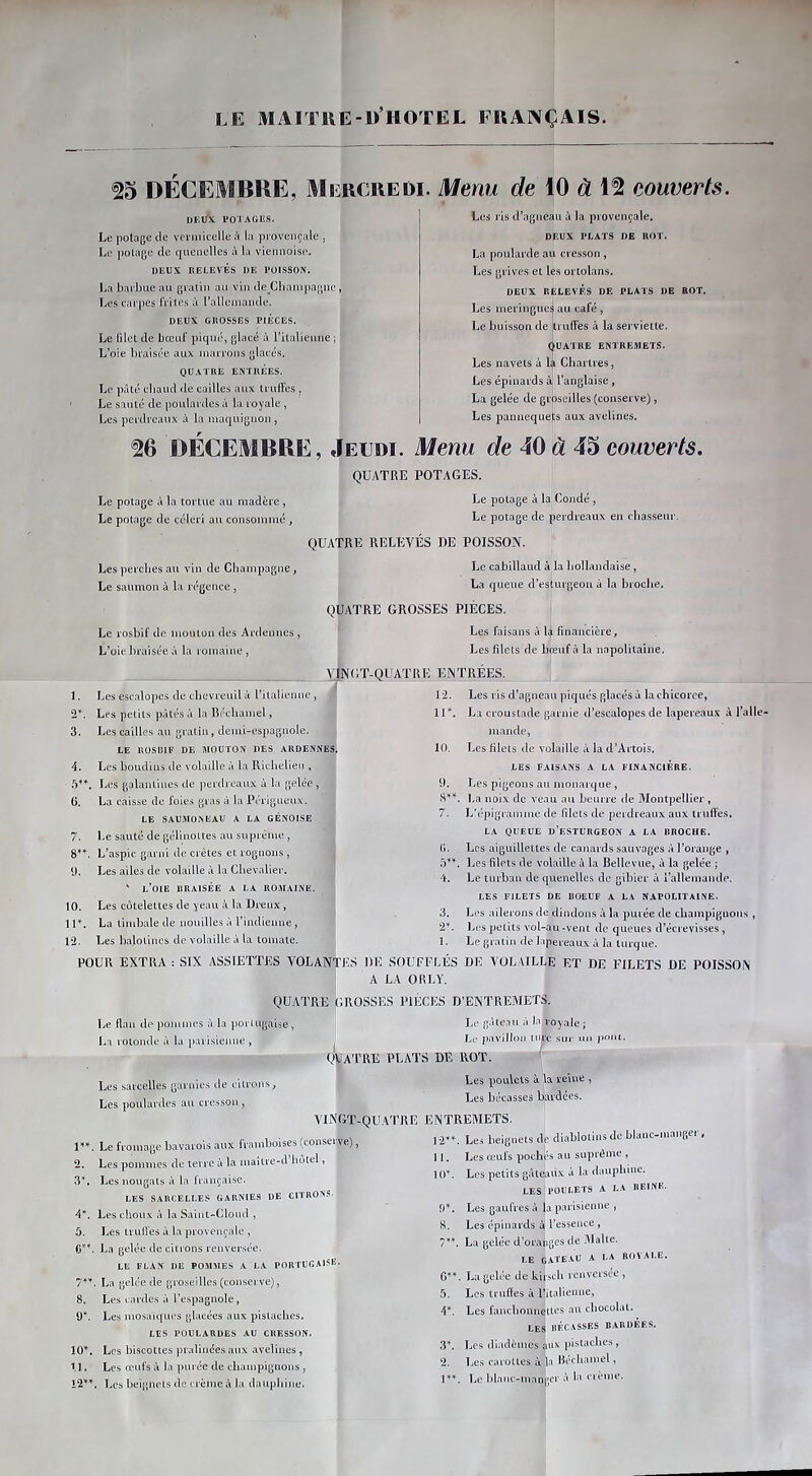 ^5 DÉCEMBRE, Mercredi. Menu de 10 à eouverts. ÜEÜ'X. POTAGES. Le potage de vermicelle à la provençale , Le potage de quenelles à la viennoise. DEUX RELEVÉS DE POISSON. La barbue au gratin au vin de^Champagnc, Les carpes frites à ralleinaïule. DEUX GROSSES PIECES. Le filet de bœuf piqué, glacé à ritalienne ; L’oie braisée aux marrons glacés. QUATRE ENTRÉES. Le pâté chaud de cailles aux truffes , Le sauté de poulardes à la royale , Les perdreaux à la maquignon, Les ris d’agneau à la provençale. DEUX PLATS DE ROT. La poularde au cresson , Les grives et les ortolans. DEUX RELEVÉS DF. PLATS DE ROT. Les meringues au café, Le buisson de truffés à la serviette. (QUATRE ENTREMETS. Les navets à là Chartres, Les épinards à l’anglaise, La gelée de groseilles (conserve), Les panuequets aux avelines. ^6 DÉCEMBRE, Jeudi. Menu de 40 à 45 eouverts. QUATRE POTAGES. Le potage à la tortue au madère , Le potage de céleri au consommé , Les perches au vin de Champagne, Le saumon à la régence , Le rosbif de mouton des Ardennes L’oie braisée à la romaine , Le potage à la Condé, Le potage de perdreaux en cbasseur. QUATRE RELEVÉS DE POISSON. Le cabillaud à la hollandaise, La queue d’esturgeon à la broche. QUATRE GROSSES PIÈCES. Les faisans à là financière. Les filets de bœuf à la napolitaine. _ \1NGT-QUATRK KiNTRÉES. 1. 3. 4. 6. 7. 9. 10. n\ 12. Les escalopes de chevreuil à ritalienne , Les petits pâtés à la Bécliamel, Les cailles au gratin, demi-espagnole. LE ROSBIF DE MOUTON DES ARDENNES. Les boudins de volaille à la Ricbelieii , Les galantines de perdreaux à la gelée , La caisse de foies gras à lu Périgueux. LE SAUMO.XEAU A LA GÉNOISE Le sauté de gelinottes au suprême , L’aspic garni de crêtes et, rognons , Les ailes de volaille â la Chevalier. ' l’oie braisée a la romaine. Les côtelettes de yeau à la Dreux , | La timbale de nouilles à l’indicime , Les balolincs de volaille à la tomate. ; 12. lU. 10. 9. (). A. 3. 2’'. 1. Les ris d’agneau piqués glacés à la chicorce, La croustade garnie d’escalopes de lapereaux à l’alle- mande, Les filets de volaille à la d’Artois. LES FAISANS A LA FINANCIERE. Les pigeons au monarque, La noix do veau au beurre île Montpellier , L’épigramme de filets de perdreaux aux truffes, LA QUEUE d’esturgeon A LA BROCHE. Les aiguillettes de canards sauvages à l’orange , Les filets de volaille à la Bellevue, à la gelée ; Le turban de quenelles de gibier à l’allemande. LES FILETS DE BOEUF A LA NAPOLITAINE. Les ailerons de dindons à la purée de champignons , Les petits vol-au -vent de queues d’écrevisses, Le gratin de lapereaux à la turque. POUR EXTRA : SIX ASSIETTES VOLANTES DE SOUFFLES DE VOLAILLE ET DE FILETS DE POISSON j A LA ORLY. QUATRE GROSSES PIÈCES D’ENTREMETS. Le flan de pommes à la poiiugaise , La rotonde à la parisienne , Les sarcelles garnies de citrons. Les poulardes au cresson , Q*^ATRE Le gâteau à la royale; Le pavillon mre sur uu pf'm. PLATS DE ROT. Les poulets à la reine , Les bécasses bardées. l'**. Le fromage bavarois aux framboises (conserve), 2. Les pommes de terre à la maîLrc-d liôiel, Les nougats à la française. LES SARCELLES GARNIES DE CITRON.'?. Les choux à la Saint-Cloud , Les LiTifies à la provençale , La gelée de citrons renversée. LE FLAN DE POMMES A LA PORTUCAI^K- La gelée de groseilles (conserve), Les cardes à l’espagnole, Les mosaïques glacées aux pistaches. LES POULARDES AU CRESSON. Les biscottes pralincesaux avelines, Les œufs à la purée de champignons , Les beignets de crème à la daupliine. VINGT-QUATRE ENTREMETS 12 II 3 8. 9^ 10^ U. 12»» Les beignets de diablotins de blanc-manger, Les œufs pochés au suprême , 1(P. Les petits gàteaiix à la dauphine. LES'POULETS A LA REINE. 9’^. Les gaufres à la parisienne , 8. Les épinards ài l’essence , 7’**. La gelée d’oranges de Malte. LE GATE.VU a la ROVAI.E. G’^*. La gelée de kirsch renversée, 5. Les truffes à Pitaiienne, A*. Les fanchonnettes au chocolat. LES BÉCASSES BARDEES. 3^ Les diadèmes aux i>istaches, 2. Les carottes à la Bécliamel, Le l)lanc-mangtT â la cième.