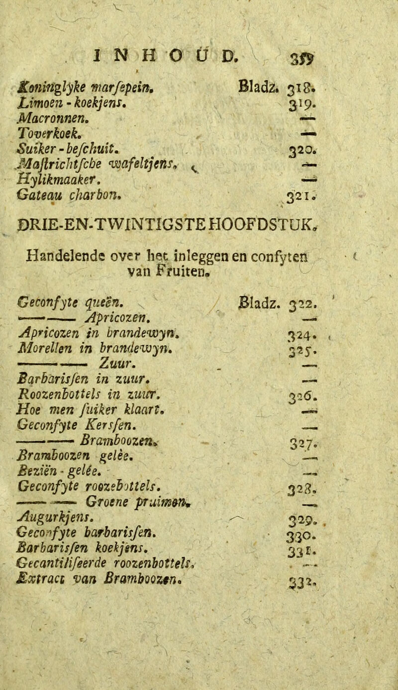 I N H o Ü D. 30 Koninglyke marfepein, Bladz. Limoen-koekjem, 319. Macronnen. — Toverboek. — Suiker-befchuit. ^ 320. ,MajiricJitfcbe voafeltjens, ^ Hylikmaaker. ~ Gflfeaw charbon, 321. DRIE-EN-TWINTIGSTE HOOFDSTUK, Handelende over het inleggen en confyten van Fruiten. Ceconfyte queên. —— Apricozen. Apricozen in brandewyn. Morellen in brandewyn. Zuur. Barbdrisfen in zuur. Roozenhottels in zuur. Hoe men fuiker klaart. Geconfyte Kersfen. Bramboozen.: Bramboozen gelèe. Beziën - gelée. Geconfyte roozebottels. —> Groene pruimen^ Augurk} ens. Gecor>fyte barbarisfen. Barbarisfen koekjèns. GecantHifeerde roozenhottels. Extract van Bramboozen. Bladz. 322. 324. 32J- 326. 327. 323. 329. 330* aar- sje.