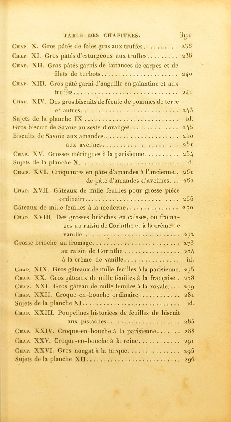 Ci!AP. X. Gros pâtés de foies gras aux truffes Chap. XI. Gros pâtés d’esturgeons aux truffes ot'^8 Chap. XII. Gros pâtés garnis de laitances de carpes et de filets de turbots ’a4o Chap. XIII. Gros pâté garni d’anguille en galantine et aux truffes 24 • Chap. XIV. Des gros biscuits de fécule de pommes de terre et autres 24^ .Sujets de la planche IX id. Gros biscuit de Savoie au zeste d’oranges 245 Biscuits de Savoie aux amandes 2^0 aux avelines 251 Chap. XV. Grosses méringues à la parisienne a54 Sujets de la planche X id. Chap. XVI. Croquantes en pâte d’amandes à l’ancienne.. 261 de pâte d’amandes d’avelines... 262 Chap. XVII. Gâteaux de mille feuilles pour grosse pièce ordinaire 266 Gâteaux de mille feuilles à la moderne 270 » Chap. XVIII. Des grosses brioches en caisses, ou froma- ges au raisin de Corinthe et à fa crème de vanille.... 272 Grosse brioche au fromage 278 ’ au raisin de Corinthe 274 à la crème de vanille id. Chap. XIX. Gros gâteaux de mille feuilles à la pai'isienne. 275 Chap. XX. Gros gâteaux de mille feuilles à la française.. 278 Chap. XXI. Gros gâteau de mille feuilles à la royale... . 279 Chap. XXII. Croque-en-bouche ordinaire 281 Sujets de la planche XI id. Chap. XXIII. Poupelines historiées de feuilles de biscuit aux pistaches 285 Chap. XXIV. Croque-en-bouche à la parisienne 288 Chap. XXV. Croque-en-bouche à la reine 291 Chap. XXVI. Gros nougat à la turque 295 Sujets de la planche XII 29(5