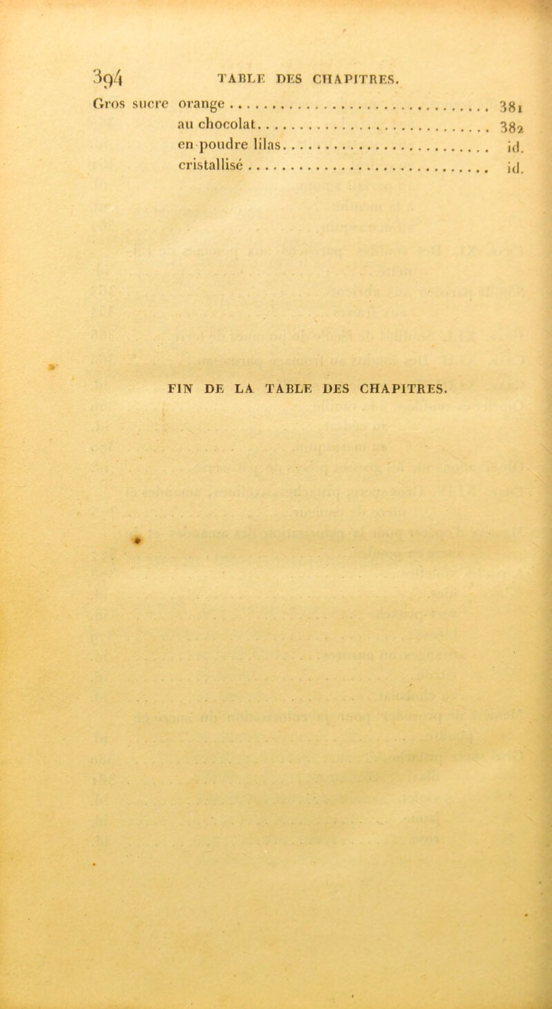 Gros sucre orange 3g^ au chocolat 3g^ en poudre lilas itl. cristallisé id »' FIN DE LA TABLE DES CHAPITRES.