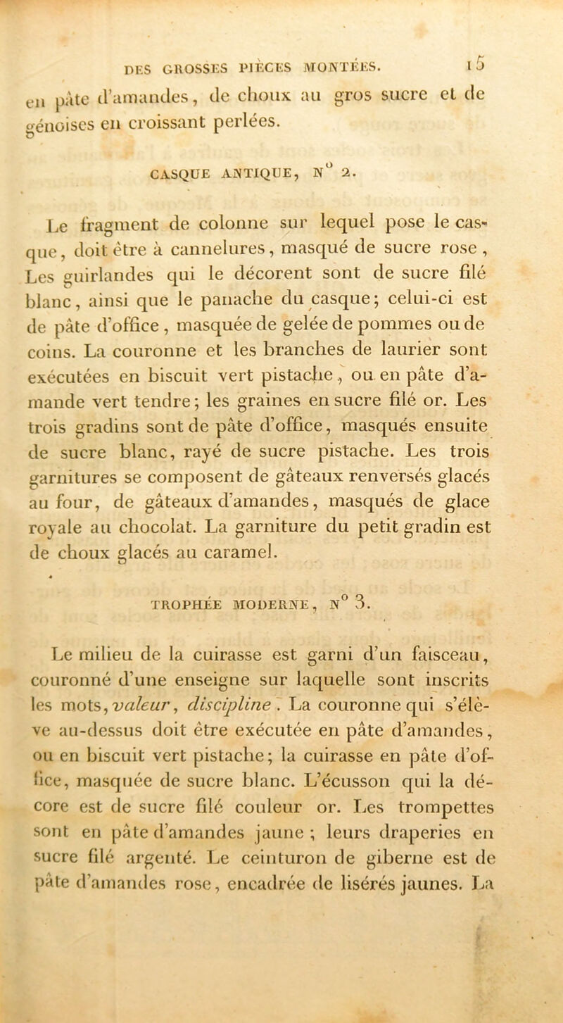 DKS GUOSSKS PIÈCES MONTÉES. l5 fil pâte d’amandes, de choux au gros sucre et de génoises en croissant perlées. CASQUE ANTIQUE, n* 2. Le Iragment de colonne sur lequel pose le cas- que , doit être à cannelures, masqué de sucre rose , Les guirlandes qui le décorent sont de sucre filé blanc, ainsi que le panache du casque; celui-ci est de pâte d’office, masquée de gelée de pommes ou de coins. La couronne et les branches de laurier sont exécutées en biscuit vert pistacfie, ou en pâte d’a- mande vert tendre ; les graines en sucre filé or. Les trois gradins sont de pâte d’office, masqués ensuite de sucre blanc, rayé de sucre pistache. Les trois garnitures se composent de gâteaux renversés glacés au four, de gâteaux d’amandes, masqués de glace royale au chocolat. La garniture du petit gradin est de choux glacés au caramel. * TROPHÉE aiODERNE, N° 3. Le milieu de la cuirasse est garni d’un faisceau, couronné d’une enseigne sur laquelle sont inscrits les mots, valeur, discipline 7 ha couronne q^ui s’élè- ve au-dessus doit être exécutée en pâte d’amandes, ou en biscuit vert pistache ; la cuirasse en pâte d’of- lice, masquée de sucre blanc. L’écusson qui la dé- core est de sucre filé couleur or. Les trompettes sont en pâte d’amandes jaune ; leurs draperies en sucre filé argenté. IjC ceinturon de giberne est de pâte d’amandes rose, encadrée de lisérés jaunes. La