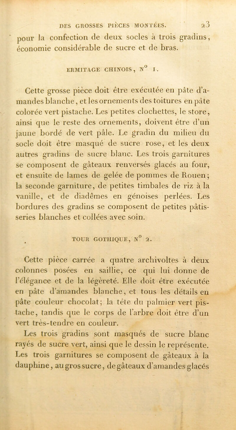 pour l;i confection de deux socles à trois gradins, économie considérable de sucre et de bras. ERMITAGE CHINOIS, N° I. Cette grosse pièce doit être exécutée en pâte d’a- mandes blanche, et les ornements des toitures en pâte colorée vert pistache. Les petites clochettes, le store, ainsi que le reste des ornements, doivent être d’un jaune bordé de vert pâle. Le gradin du milieu du socle doit être masqué de sucre rose, et les deux autres gradins de sucre blanc. Les trois garnitures se composent de gâteaux renversés glacés au four, et ensuite de lames de gelée de pommes de Rouen; la seconde garniture, de petites timbales de riz à la vanille, et de diadèmes en génoises perlées. Les bordures des gradins se composent de petites pâtis- series blanches et collées avec soin. TOUR GOTHIQUE, N° 2. Cette pièce carrée a quatre archivoltes à deux colonnes posées en saillie, ce qui lui donne de l’élégance et de la légèreté. Elle doit être exécutée en pâte d’amandes blanche, et tous les détails eu pâte couleur chocolat; la tête du palmier vert pis- tache, tandis que le corps de l’arbre doit être d’un vert très-tendre en couleur. Les trois gradins sont masqués de sucre blanc rayés de sucre vert, ainsi que le dessin le représente. Les trois garnitures se composent de gâteaux à la dauphine, au gros sucre, de gâteaux d’amandes glacés