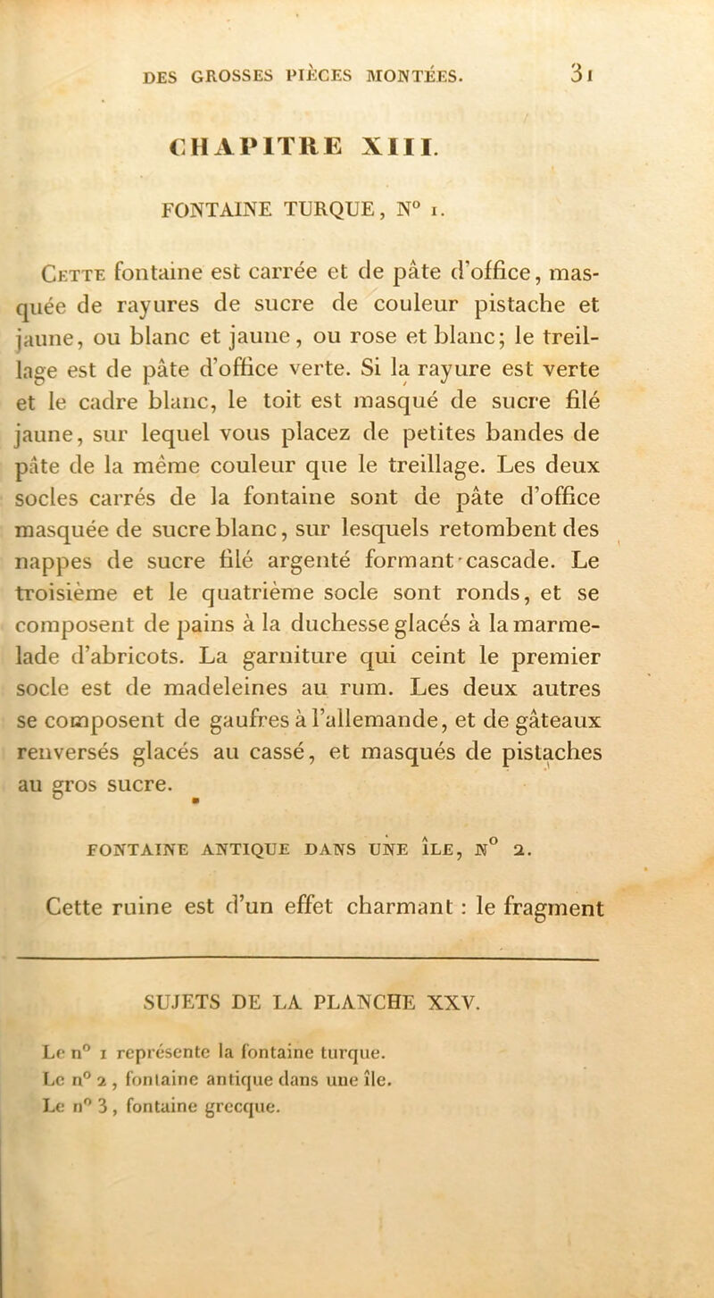 (CHAPITRE XIII. FONTAINE TURQUE, N° i. Cette fontaine est carrée et de pâte d’office, mas- quée de rayures de sucre de couleur pistache et jaune, ou blanc et janne, ou rose et blanc; le treil- lage est de pâte d’office verte. Si la rayure est verte et le cadre blanc, le toit est masqué de sucre filé jaune, sur lequel vous placez de petites bandes de pâte de la même couleur que le treillage. Les deux socles carrés de la fontaine sont de pâte d’office masquée de sucre blanc, sur lesquels retombent des nappes de sucre filé argenté formant'cascade. Le troisième et le quatrième socle sont ronds, et se composent de pains à la duchesse glacés à la marme- lade d’abricots. La garniture qui ceint le premier socle est de madeleines au rum. Les deux autres se composent de gaufres à l’allemande, et de gâteaux renversés glacés au cassé, et masqués de pistaches au gros sucre. FONTAINE ANTIQUE DANS UNE ÎLE, N° 2. Cette ruine est d’un effet charmant : le fragment SUJETS DE LA PLANCHE XXV. Le n® I représente ia fontaine turque. Le n° 2 , fontaine antique clans une île. Le ri” 3 , fontaine grecque.
