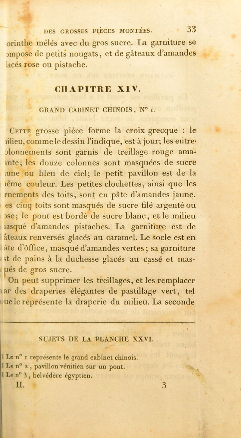 oriiithe mêlés avec du gros sucre. La garniture se )mpose de petits nougats, et de gâteaux d’amandes acés rose ou pistache. CHAPITRE XIV. GRAND CABINET CHINOIS, N“ i. Cette grosse pièce forme la croix grecque : le lilieu, comme le dessin l’indique, 'est à jour; les entre* Dlonnements sont garnis de treillage rouge ama- nite; les douze colonnes sont masquées de sucre lime ou bleu de ciel; le petit pavillon est de la lème couleur. Les petites clochettes, ainsi que les rneraents des toits, sont en pâte d’amandes jaune, es cinq toits sont masqués de sucre filé argenté ou )se; le pont est bordé de sucre blanc, et le milieu lasqué d’amandes pistaches. La garniture est de âteaux renversés glacés au caramel. Le socle est en î âte d’ôffice, masqué d’amandes vertes ; sa garniture ; st de pains à la duchesse glacés au cassé et mas- i^és de gros sucre. On peut supprimer les treillages, et les remplacer I ar des draperies élégantes de pastillage vert, tel ue le représente la draperie du milieu. La seconde SUJETS DE LA TLANCHE XXVI. I Le n** I représente le grand cabinet chinois. I Le n'^ 2 , pavillon vénitien sur un pont. I Le n® 3, belvédère égyptien. II. 3