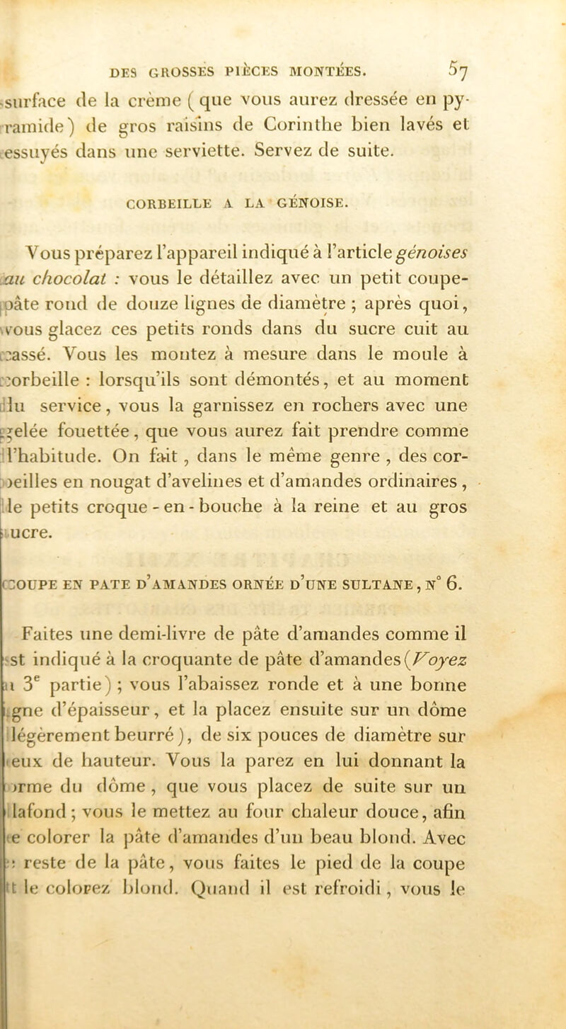 .surface de la crème ( que vous aurez dressée en py- ramide) de gros raisins de Corinthe bien lavés et essuyés dans une serviette. Servez de suite. CORBEILLE A LA GÉNOISE. Vous préparez l’appareil indiqué à Varticle génoises .au chocolat : vous le détaillez avec un petit coupe- (pâte rond de douze lignes de diamètre ; après quoi, wous glacez ces petits ronds dans du sucre cuit au classé. Vous les montez à mesure dans le moule à c:orbeille : lorsqu’ils sont démontés, et au moment lilu service, vous la garnissez en rochers avec une ^gelée fouettée, que vous aurez fait prendre comme irhabitude. On fait, dans le même genre , des cor- toeilles en nougat d’avelines et d’amandes ordinaires, ile petits croque - en - bouche à la reine et au gros >i.ucre. c::ouPE EN PATE d’amandes ornée d’une sultane , N° 6. Faites une demi-livre de pâte d’amandes comme il 'St indiqué à la croquante de pâte d’amandes Il 3® partie) ; vous l’abaissez ronde et à une bonne :gne d’épaisseur, et la placez ensuite sur un dôme légèrement beurré ), de six pouces de diamètre sur • eux de hauteur. Vous la parez en lui donnant la jrme du dôme , que vous placez de suite sur un ilafond; vous le mettez au four chaleur douce, afin te colorer la pâte d’amandes d’un beau blond. Avec •! reste de la pâte, vous faites le pied de la coupe tt le colorez blond. Quand il est refroidi, vous le
