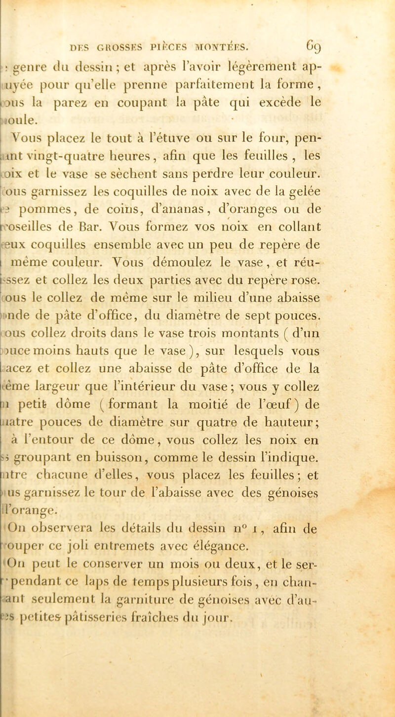 : genre du dessin ; et après l’avoir légèrement ap- nyée pour qu’elle prenne parfaitement la forme, I DUS la parez en coupant la pâte qui excède le MOU le. Vous placez le tout à l’étuve ou sur le four, pen- iint vingt-quatre heures, afin que les feuilles, les ^oix et le vase se sèchent sans perdre leur couleur, ous garnissez les coquilles de noix avec de la gelée e3 pommes, de coins, d’ananas, d’oranges ou de r-’oseilles de Bar. Vous formez vos noix en collant eeux coquilles ensemble avec un peu de repère de même couleur. Vous démoulez le vase, et réu- isssez et collez les deux parties avec du repère rose, ous le collez de même sur le milieu d’une abaisse !inde de pâte d’office, du diamètre de sept pouces, ous collez droits dans le vase trois montants ( d’un once moins hauts que le vase), sur lesquels vous acez et collez une abaisse de pâte d’office de la tême largeur que l’intérieur du vase ; vous y collez II petit dôme (formant la moitié de l’œuf) de iiatre pouces de diamètre sur quatre de hauteur; à l’entour de ce dôme, vous collez les noix en Si groupant en buisson, comme le dessin l’indique, litre chacune d’elles, vous placez les feuilles; et » us garnissez le tour de l’abaisse avec des génoises I l’orange. On observera les détails du ilessin n‘’ i, afin de 'Ouper ce joli entremets avec élégance. (On peut le conserver un mois ou deux, et le ser- ■’pendant ce lajis de temps plusieurs fois, en chan- ■ arit seulement la garniture de génoises avec d’au- 'is petites pâtisseries fraîches du jour. \