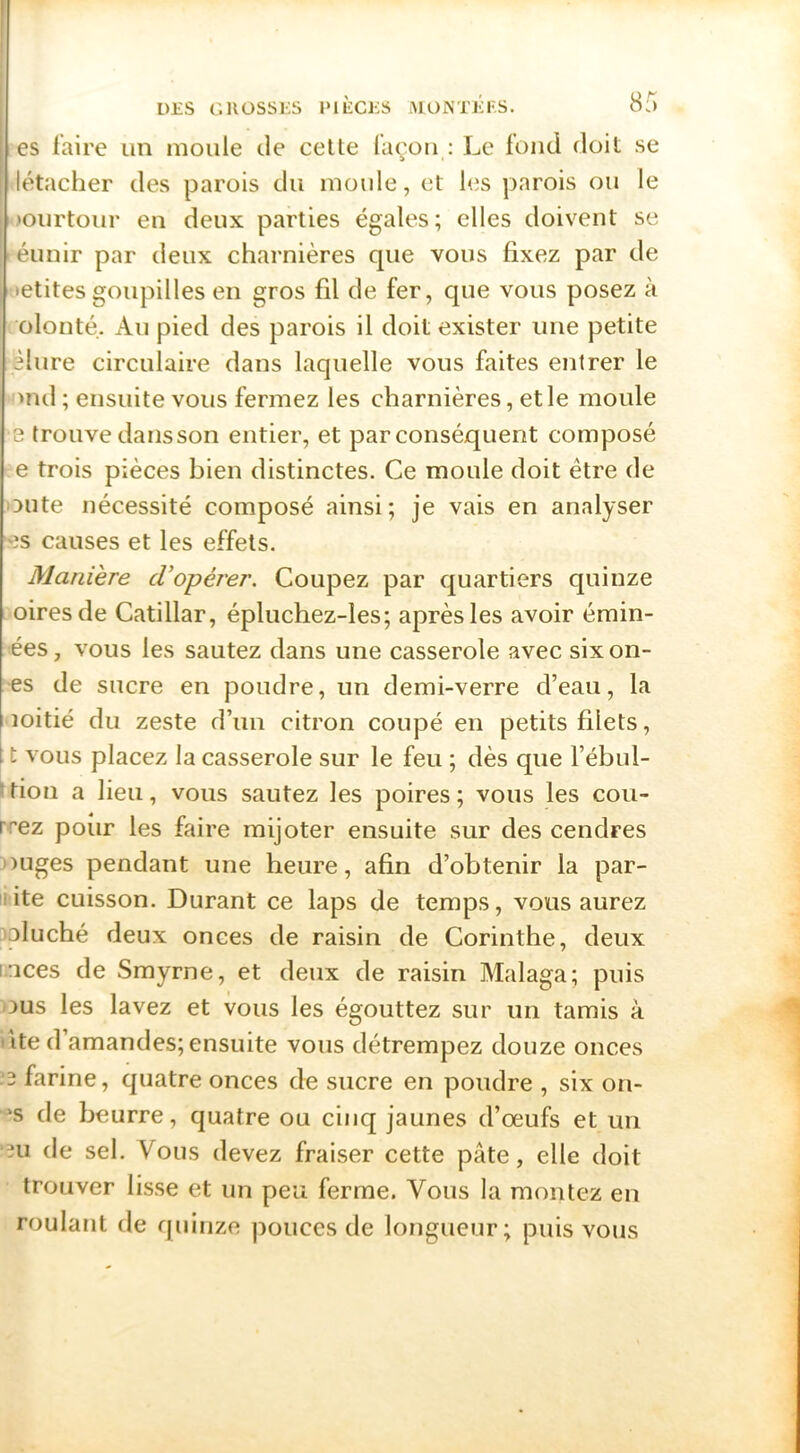es faire un moule de cette façon : Le fond doit se î létacher des parois du moule, et les parois ou le )Ourtour en deux parties égales; elles doivent se éunir par deux charnières que vous fixez par de oetites goupilles en gros fil de fer, que vous posez à olonté. Au pied des parois il doit exister une petite elure circulaire dans laquelle vous faites entrer le •'nul ; ensuite vous fermez les charnières, et le moule s trouve dans son entier, et par conséquent composé e trois pièces bien distinctes. Ce moule doit être de oute nécessité composé ainsi; je vais en analyser >3s causes et les effets. Manière cVopérer. Coupez par quartiers quinze oiresde Catillar, épluchez-les; après les avoir émin- ées, vous les sautez dans une casserole avec six on- es de sucre en poudre, un demi-verre d’eau, la îoitié du zeste d’un citron coupé en petits filets, t vous placez la casserole sur le feu ; dès que l’ébul- Uion a lieu, vous sautez les poires; vous les cou- rrez pour les faire mijoter ensuite sur des cendres ouges pendant une heure, afin d’obtenir la par- ! ite cuisson. Durant ce laps de temps, vous aurez épluché deux onces de raisin de Corinthe, deux inces de Smyrne, et deux de raisin Malaga; puis ous les lavez et vous les égouttez sur un tamis à iite d’amandes; ensuite vous détrempez douze onces -■3 farine, quatre onces de sucre en poudre , six on- ^s de beurre, quatre ou cinq jaunes d’œufs et un ■311 de sel. Vous devez fraiser cette pâte, elle doit trouver lisse et un peu ferme. Vous la montez en roulant de quinze pouces de longueur; puis vous
