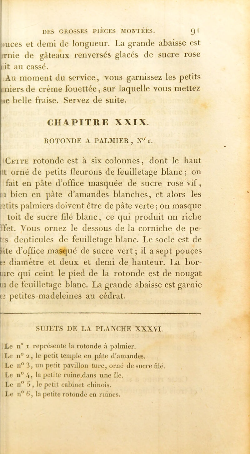 nuces et demi de longueur. La grande abaisse est rnie de gâteaux renversés glacés de sucre rose : it au cassé. x\u moment du service, vous garnissez les petits i.niersde crème fouettée, sur laquelle vous mettez ue belle fraise. Servez de suite. CHxVPITRE XXIX. ROTONDE A PALMIER, N°^i. • Cette rotonde est à six colonnes, dont le haut tt orné de petits fleurons de feuilletage blanc; on fait en pâte d’office masquée de sucre rose vif, i bien en pâte d’amandes blanches, et alors les îtits palmiers doivent être de pâte verte; on masque toit de sucre filé blanc, ce qui produit un riche Vfet. Vous ornez le dessous de la corniche de pe- :s denticules de feuilletage blanc. Le socle est de ite d’office masqué de sucre vert ; il a .sept pouces ; diamètre et deux et demi de hauteur. La bor- Ure qui ceint le pied de la rotonde est de nougat I l de feuilletage blanc. La grande abaisse est garnie petites-madeleines au cédrat. .SUJETS DE LA PLANCHE XXXVI. Le n” I représente la rotonde à palmier. Le n° 2, le petit temple en pâte d’amandes. Le n® 3, un petit pavillon turc, orné de sucre fdé. Le n'’ la petite ruine.dans une île. Le n” 5, le petit cabinet cliinois. Le n^ b, la petite rotonde en ruine.s.
