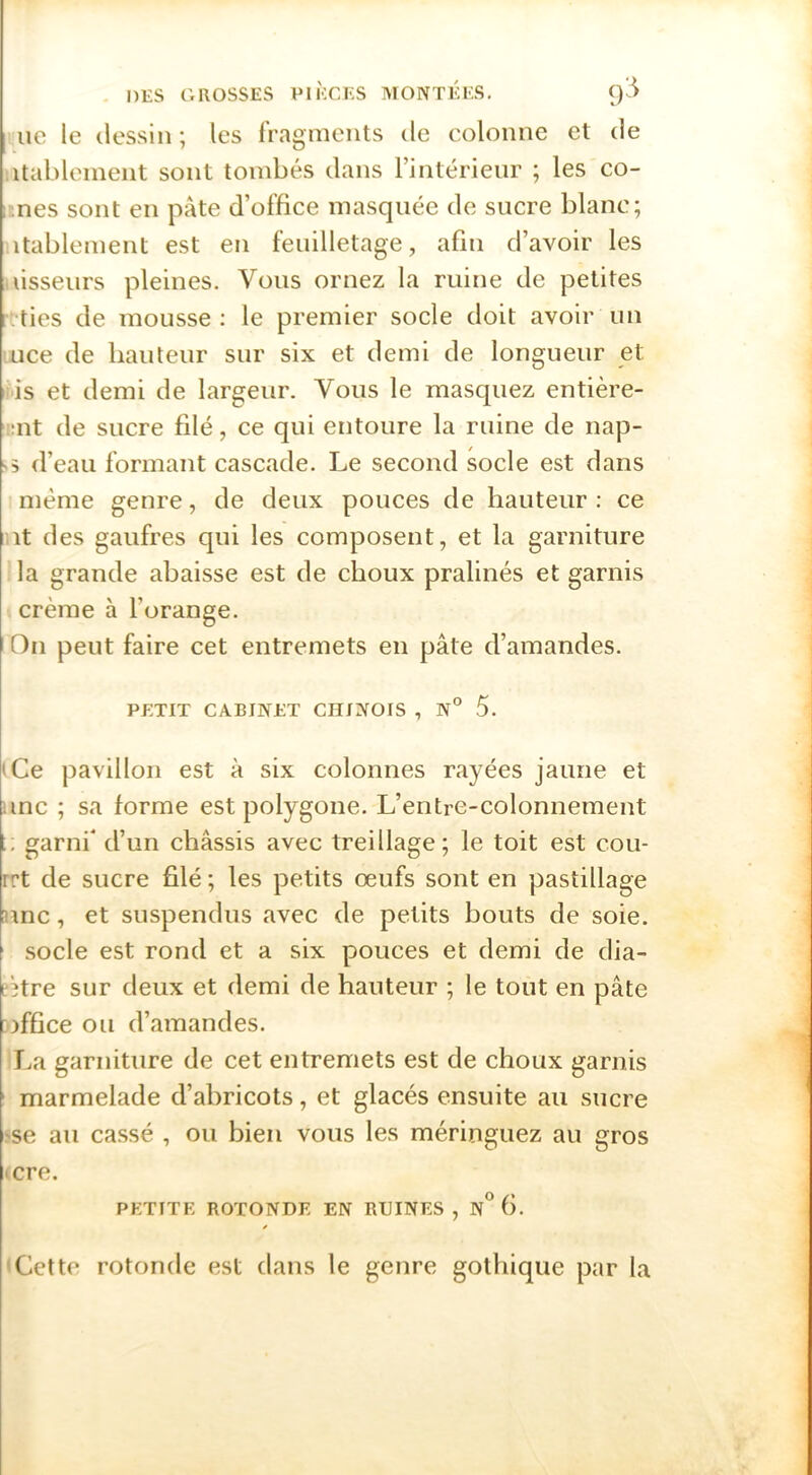 lie le dessin; les fragments de colonne et de itablement sont tombés dans l’intérieur ; les co- ;;nes sont en pâte d’office masquée de sucre blanc; itablement est en feuilletage, afin d’avoir les uisseurs pleines. Vous ornez la ruine de petites [•tties de mousse; le premier socle doit avoir un Lice de bauteur sur six et demi de longueur et l is et demi de largeur. Vous le masquez entière- üut de sucre filé, ce qui entoure la ruine de nap- d’eau formant cascade. Le second socle est dans même genre, de deux pouces de hauteur : ce it des gaufres qui les composent, et la garniture la grande abaisse est de choux pralinés et garnis crème à l’orange. On peut faire cet entremets en pâte d’amandes. PETIT CABINET CHINOIS , N° 5. <Ce pavillon est à six colonnes rayées jaune et une ; sa forme est polygone. L’entre-colonnement L, garni* d’un châssis avec treillage; le toit est cou- rrt de sucre filé ; les petits œufs sont en pastillage une, et suspendus avec de petits bouts de soie. socle est rond et a six pouces et demi de dia- f3tre sur deux et demi de hauteur ; le tout en pâte iffice ou d’amandes. I.a garniture de cet entremets est de choux garnis marmelade d’abricots, et glacés ensuite au sucre 'Se au ca.ssé , ou bien vous les méringuez au gros >cre. PETITE ROTONDE EN RUINES, N° 6. 'Cette rotonde est dans le genre gothique par la