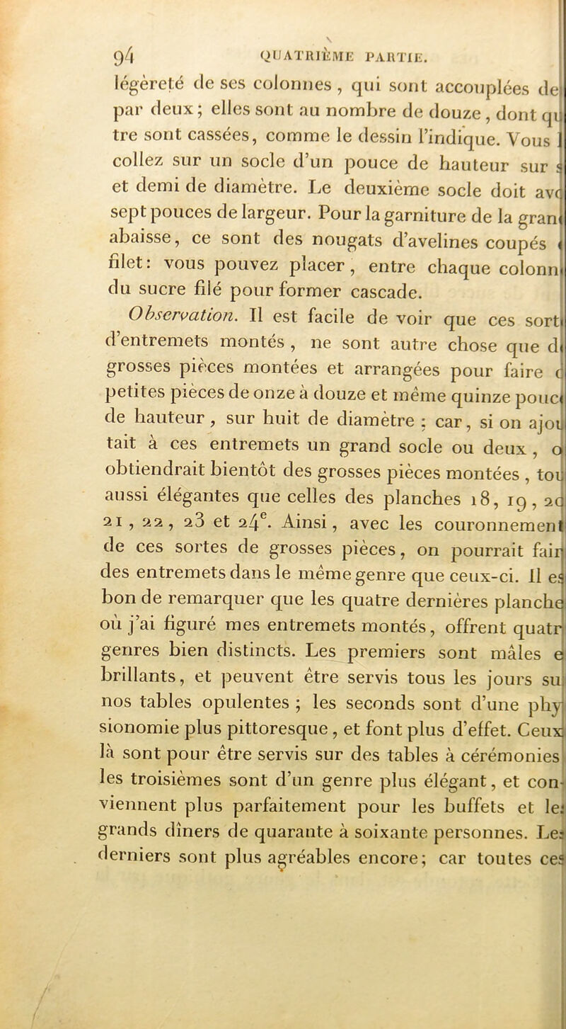 légèreté de ses colonnes, qui sont accouplées de par deux; elles sont au nombre de douze, dont qi| tre sont cassées, comme le dessin l’indique. Vous collez sur un socle d’un pouce de hauteur sur î et demi de diamètre. Le deuxième socle doit avt sept pouces de largeur. Pour la garniture de la gran abaisse, ce sont des nougats d’avelines coupés i! filet : vous pouvez placer, entre chaque colonn du sucre filé pour former cascade. Ohser^’atLon. Il est facile de voir que ces sorti d entremets montes , ne sont autre chose que di grosses pièces montées et arrangées pour faire J petites pièces de onze à douze et meme quinze poucf de hauteur, sur huit de diamètre ; car, si on ajoi, tait à ces entremets un grand socle ou deux , o> obtiendrait bientôt des grosses pièces montées , toi: aussi élégantes que celles des planches i8, 19, acji 21 , si2, 23 et 24^. Ainsi, avec les couronnement! de ces sortes de grosses pièces, on pourrait faiif des entremets dans le meme genre que ceux-ci. 11 e\\ bon de remarquer que les quatre dernières planche: où j’ai figuré mes entremets montés, offrent quatr genres bien distincts. Les premiers sont mâles ei brillants, et peuvent être servis tous les jours su nos tables opulentes ; les seconds sont d’une phy sionomie plus pittoresque, et font plus d’effet. Ceux là sont pour être servis sur des tables à cérémonies les troisièmes sont d’un genre plus élégant, et con- viennent plus parfaitement pour les buffets et le.* grands dîners de quarante à soixante personnes. Les derniers sont plus agréables encore; car toutes ces