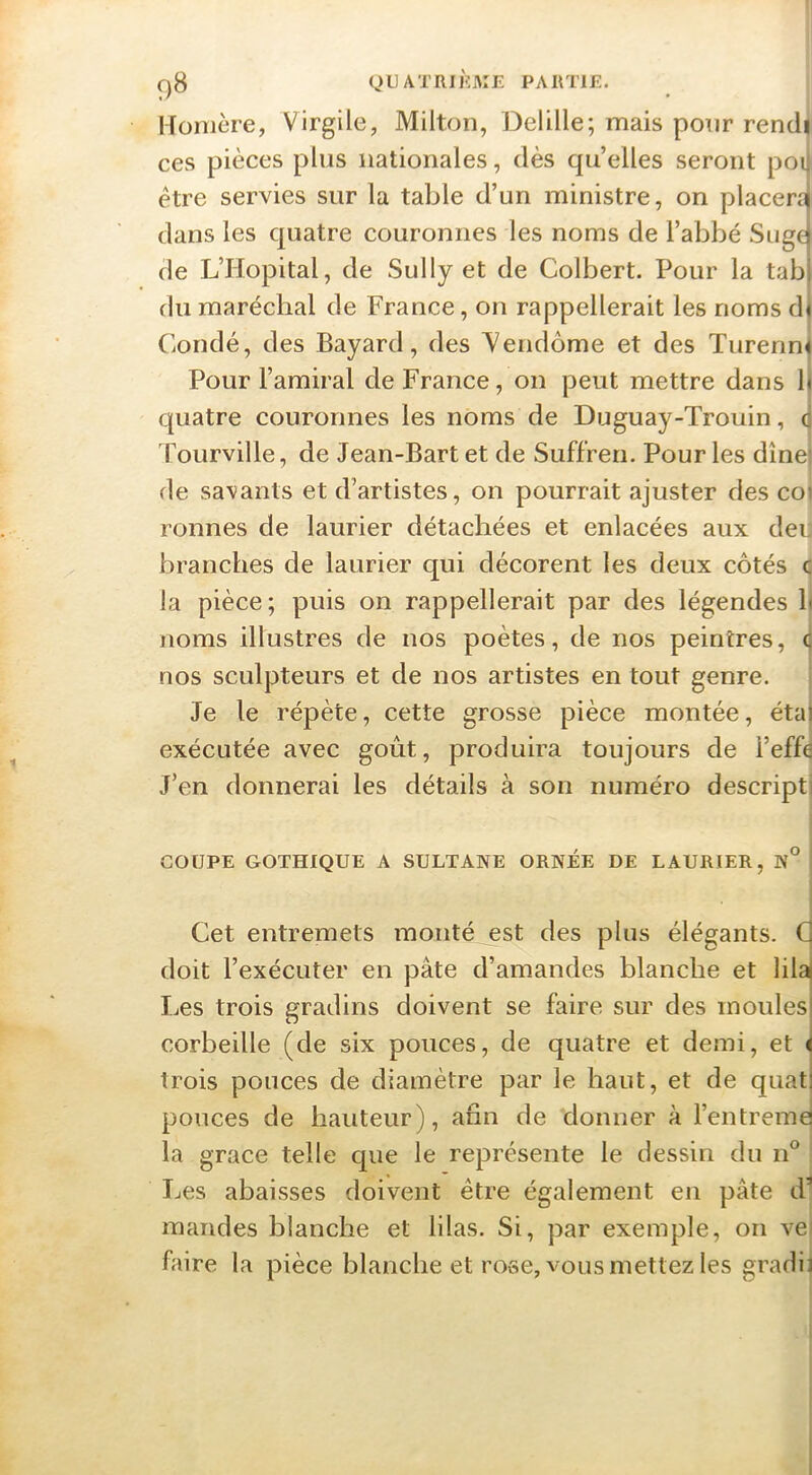 Homère, Virgile, Milton, Delille; mais pour rendi ces pièces plus nationales, dès qu’elles seront poi, être servies sur la table d’un ministre, on placera dans les quatre couronnes les noms de l’abbé Sugo de L’Hôpital, de Sully et de Colbert. Pour la tabi du maréchal de France, on rappellerait les noms d< Condé, des Bayard, des V^endôme et des Turenn« Pour l’amiral de France, on peut mettre dans b quatre couronnes les noms de Duguay-Trouin, c Tourville, de Jean-Bart et de Suffren. Pour les dîne de savants et d’artistes, on pourrait ajuster des co» ronnes de laurier détachées et enlacées aux deu branches de laurier qui décorent les deux côtés c la pièce; puis on rappellerait par des légendes b noms illustres de nos poètes, de nos peintres, ( nos sculpteurs et de nos artistes en tout genre. Je le répète, cette grosse pièce montée, éta exécutée avec goût, produira toujours de l’effe J’en donnerai les détails à son numéro descriptj i COUPE GOTHIQUE A SULTANE ORNÉE DE LAURIER, N° | i Cet entremets monté est des plus élégants. 0 doit l’exécuter en pâte d’amandes hlanche et lila| Les trois gradins doivent se faire sur des moules! corbeille (de six pouces, de quatre et demi, et i trois pouces de diamètre par le haut, et de quati pouces de hauteur), afin de donner à l’entremd la grâce telle que le représente le dessin du n^’ IjCs abaisses doivent être également en pâte d’ mandes blanche et lilas. Si, par exemple, on vet faire la pièce blanche et rose, vous mettez les gradii