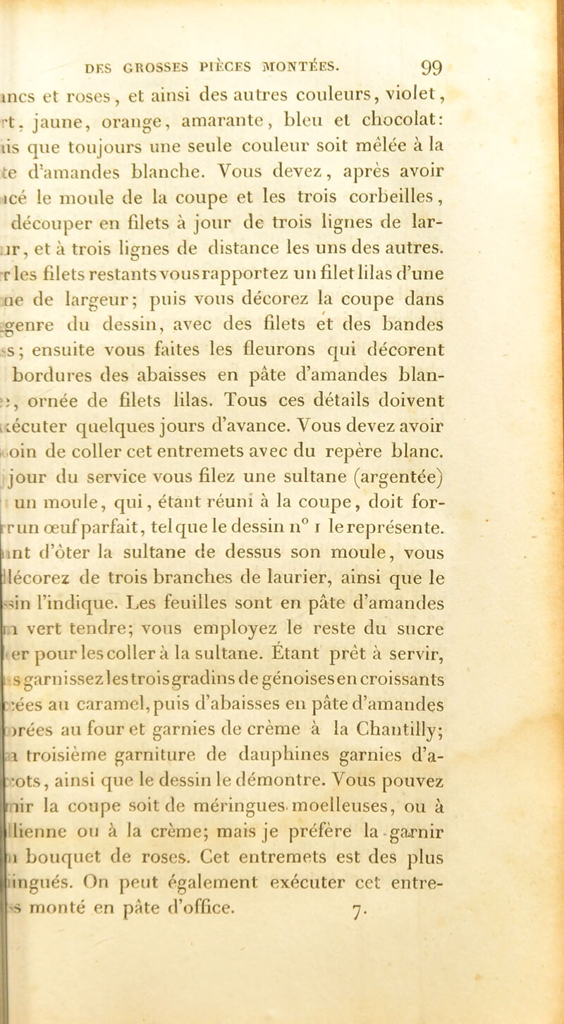 mes et roses, et ainsi des autres couleurs, violet, rt. jaune, orange, amarante, bleu et chocolat: lis que toujours une seule couleur soit mêlée à la te d’amandes blanche. Vous devez, après avoir icé le moule de la coupe et les trois corbeilles, découper en filets à jour de trois lignes de lar- ijr, et à trois lignes de distance les uns des autres. T les filets restants vousrapportez un filet lilas d’une ne de largeur; puis vous décorez la coupe dans .genre du dessin, avec des filets et des bandes 'S; ensuite vous faites les fleurons qui décorent bordures des abaisses en pâte d’amandes blan- ;î, ornée de filets lilas. Tous ces détails doivent Liécuter quelques jours d’avance. Vous devez avoir k. oin de coller cet entremets avec du repère blanc, .jour du service vous filez une sultane (argentée) un moule, qui, étant réuni à la coupe, doit for- rrun œuf parfait, tel que le dessin n° i le représente, iirit d’ôter la sultane de dessus son moule, vous décorez de trois branches de laurier, ainsi que le sdn l’indique. Les feuilles sont en pâte d’amandes l, 1 vert tendre; vous employez le reste du sucre er pour les coller à la sultane. Étant prêt à servir, I sgarnissezlestroisgradinsdegénoisesencroissants ::ées au caramel, puis d’abaisses en pâte d’amandes )rées au four et garnies de crème à la Chantilly; ',a troisième garniture de dauphines garnies d’a- :ots, ainsi que le dessin le démontre. Vous pouvez r.iir la coupe soit de méringues. moelleuses, ou à ilienne ou à la crème; mais je préfère la.garnir II bouquet de roses. Cet entremets est des plus iingués. On peut également exécuter cet entre- 'S monté en pâte d’office. y.