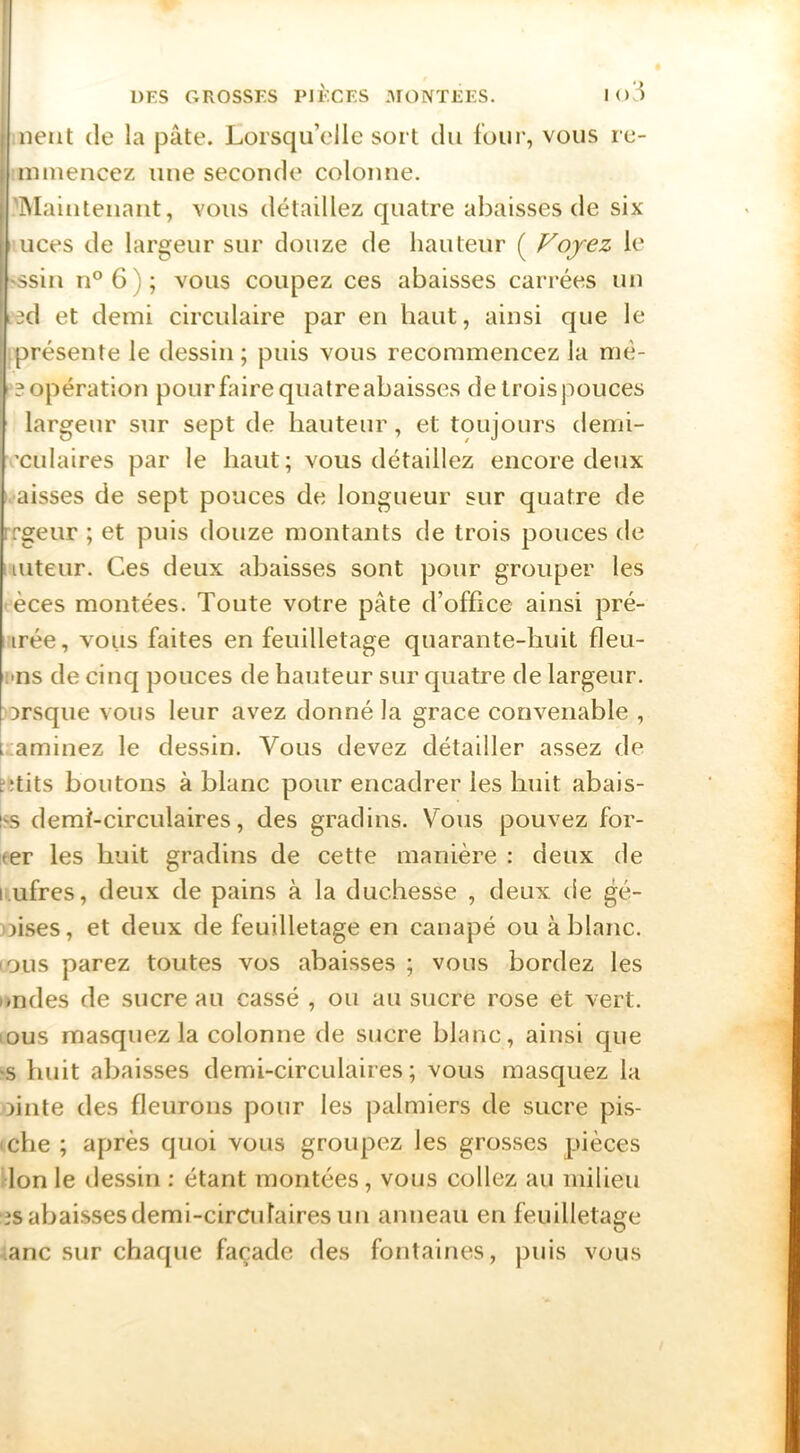 lient (le la j3ate. Lorsqu’elle sort du four, vous re- mmencez nue seconde colonne. 'Maiiiteuant, vous détaillez quatre abaisses de six luces de largeur sur douze de hauteur ( Voyez le 'ssin n°6); vous coupez ces abaisses carrées un ted et demi circulaire par en haut, ainsi que le [présente le dessin ; puis vous recommencez la mé- ■3 opération pour faire quatre abaisses de trois pouces largeur sur sept de hauteur, et toujours demi- ’cidaires par le haut; vous détaillez encore deux l aisses de sept pouces de longueur sur quatre de rrgeur ; et puis douze montants de trois pouces de iiuteur. Ces deux abaisses sont pour grouper les -èces montées. Toute votre pâte d’office ainsi pré- irée, vous faites en feuilletage quarante-huit fleu- i*ns de cinq pouces de hauteur sur quatre de largeur, orsque vous leur avez donné la grâce convenable , :iaminez le dessin. Vous devez détailler assez de fîtits boutons à blanc pour encadrer les huit abais- I5S demi-circulaires, des gradins. Vous pouvez for- ter les huit gradins de cette manière : deux de li.ufres, deux de pains à la duchesse , deux de gé- ))ises, et deux de feuilletage en canapé ou à blanc, lous parez toutes vos abaisses ; vous bordez les imdes de sucre au cassé , ou au sucre rose et vert, tous masquez la colonne de sucre blanc, ainsi que ^s huit abaisses demi-circulaires; vous masquez la ointe des fleurons pour les palmiers de sucre pis- iche ; après quoi vous groupez les grosses pièces Ion le dessin : étant montées, vous collez au milieu îsabaissesdemi-circiifaires un anneau eu feuilletae:e <anc sur chaque façade des fontaines, puis vous