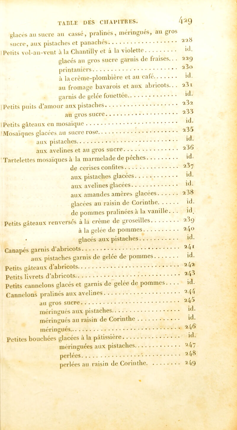 glaces au sucre au cassé, pralinés, luéringués, au gros sucre, aux pistaches et panaches Petits vol-aii-veut à la Chantilly et à la violette clacés au gîros sucre garnis de fraises.. . 229 ^ ^ O printaniers à lacrènie-plombière et au café id. au fromage bavarois et aux abricots.. . 231 garnis de gelée fouettée Petits puits d’amour aux pistaches au iiros sucre i fl Petits gâteaux en mosaïcpie Mosaïques glacées au sucre rose aux pistaches aux avelines et au gros sucre Tartelettes mosaïques à la marmelade de pèches i^l- de cerises confites ^^7 aux pistaches glacées aux avelines glacées aux amandes amères glacées 238 glacées au raisin de Corinthe id. de pommes pralinées à la vanille. . . id. Petits gâteaux renv'crsés à la crème de groseilles 23g à la gelée de pommes il^o * glacés aux pistaches i<^'- Canapés garnis d’abricots aux pistaches garnis de gelée de pommes id. Petits gâteaux d’abricots Petits livrets d’abricots Petits cannelons glacés et garnis de gelée de pommes ul. Cannelons pralinés aux avelines ^4^» au gros sucre méringués aux pistaches méringués au raisin de Corinthe méringués Petites bouchées glacées a la pâtissière méringuées aux pistaches '-*47 perlées *• ^48 perlées au raisin <le Corinthe