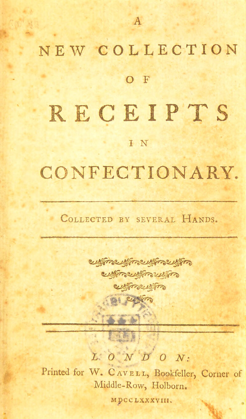 A NEW COLLECTION 0 F RECEIPTS 1 N CONFECTIONARY. Collected by several Hands. -rraanpA' : T~r?rr . i ,‘ • ■ •' 1: O [’N if O N: ' f .. Printed for W. Cavell, Bookfellcr, Corner of Middle-Row, Holborn. MpCCLXXXVIII.